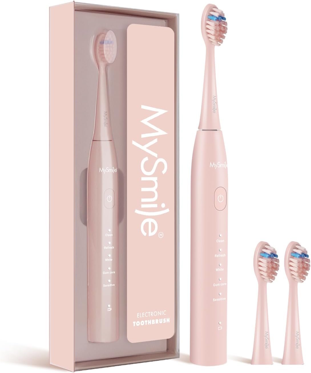 MySmile DY156 Electric Toothbrush for Adults, Rechargeable Sonic Battery Toothbrush Portable with 3 Brush Heads, 2 Mins 5 Modes Smart Timer, 45000VPM, One Charge for 60 Days – Pink