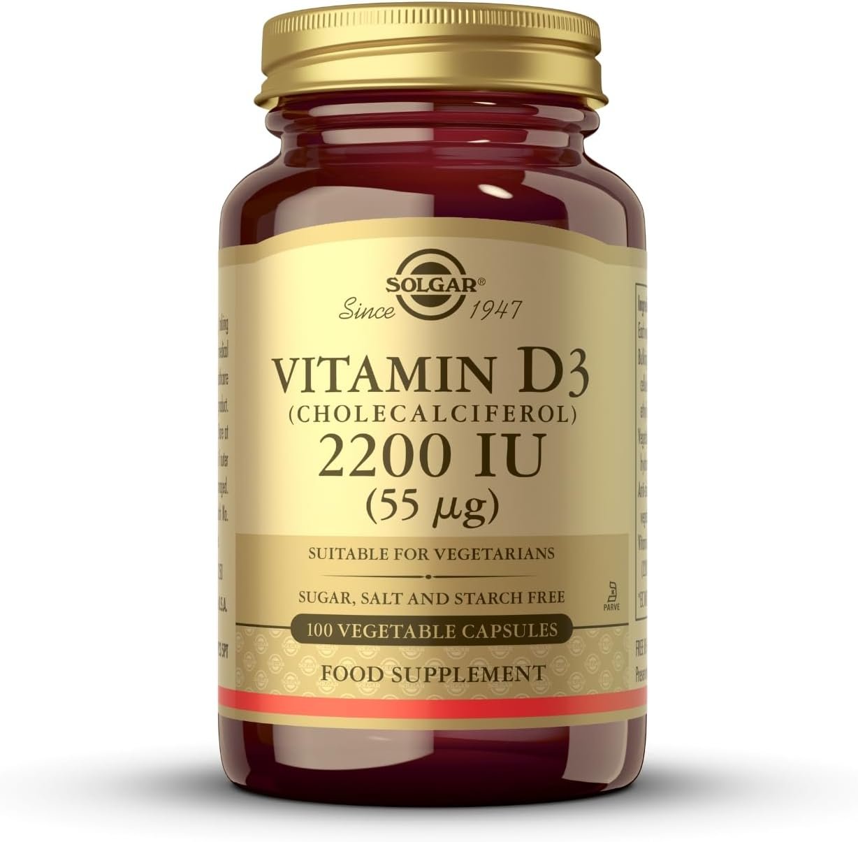 Solgar Vitamin D3 (Cholecalciferol) 55 mcg (2200 IU), 100 Vegetable Capsules – Helps Maintain Healthy Bones & Teeth – Immune System Support – Non-GMO, Gluten Free, Dairy Free, Kosher – 100 Servings