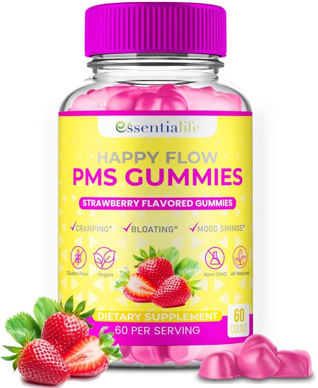 PMS Gummies – Happy Flow PMS Support Supplement for Women – Strawberry PMS Relief Supplement with Vitamin B6 for Hormone Balance, Period Support, Cramps, Hormonal Acne & Bloating Relief (60 Count)
