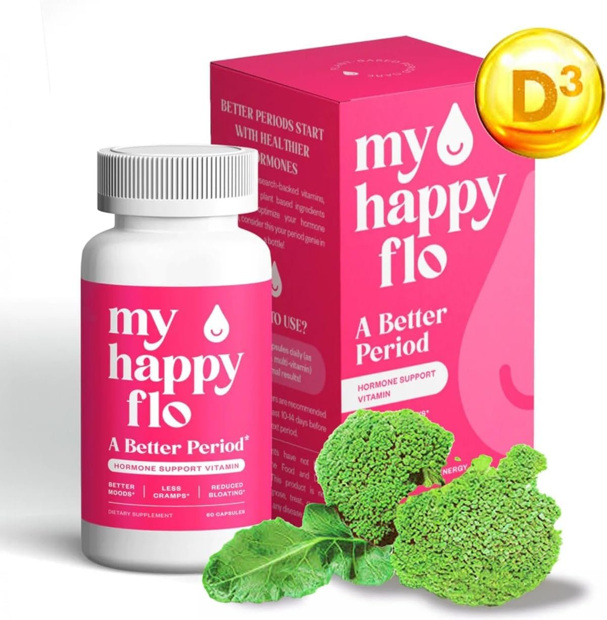 My Happy Flo PMS Support Supplement for Women with Iron, PMS Relief Hormone Support for Women, 10-in-1 PMDD Supplements for Women | DIM & I3C Indole-3-Carbinol for Cramp Relief, Heavy Flow – 60 Caps