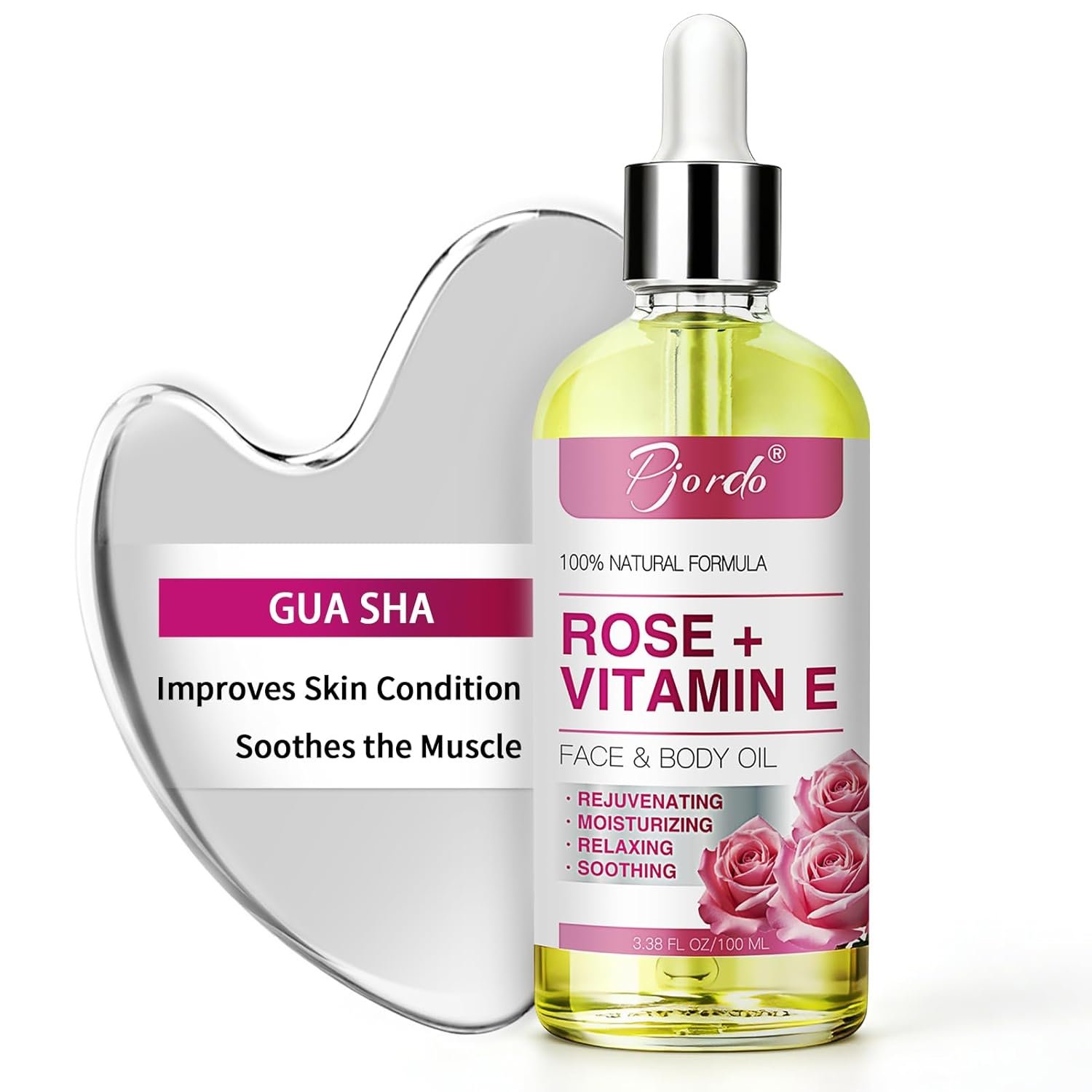 Vitamin E Rose Oil & Stainless Steel Gua Sha Facial Tools Set, Gua Sha & Vitamin E Oil for Face & Body, Moisturizing Skin, Relieving Muscle Fatigue & Improving Skin Elasticity