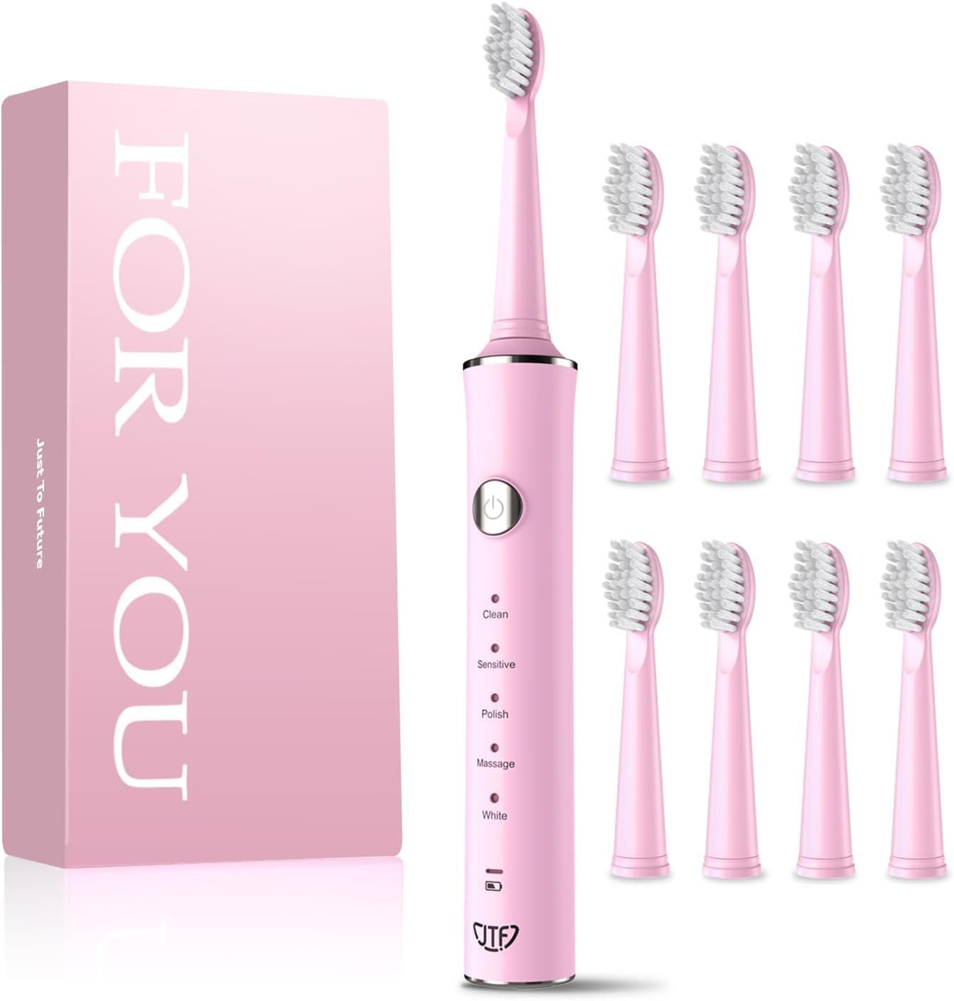 JTF Sonic Electric Toothbrush for Adults & Kids: 5 Modes for Sensitive Teeth, Effective Yet Gentle Cleaning – with 8 Brush Heads & Smart Timer, Rechargeable Portable for Daily Care, Home & Travel Use