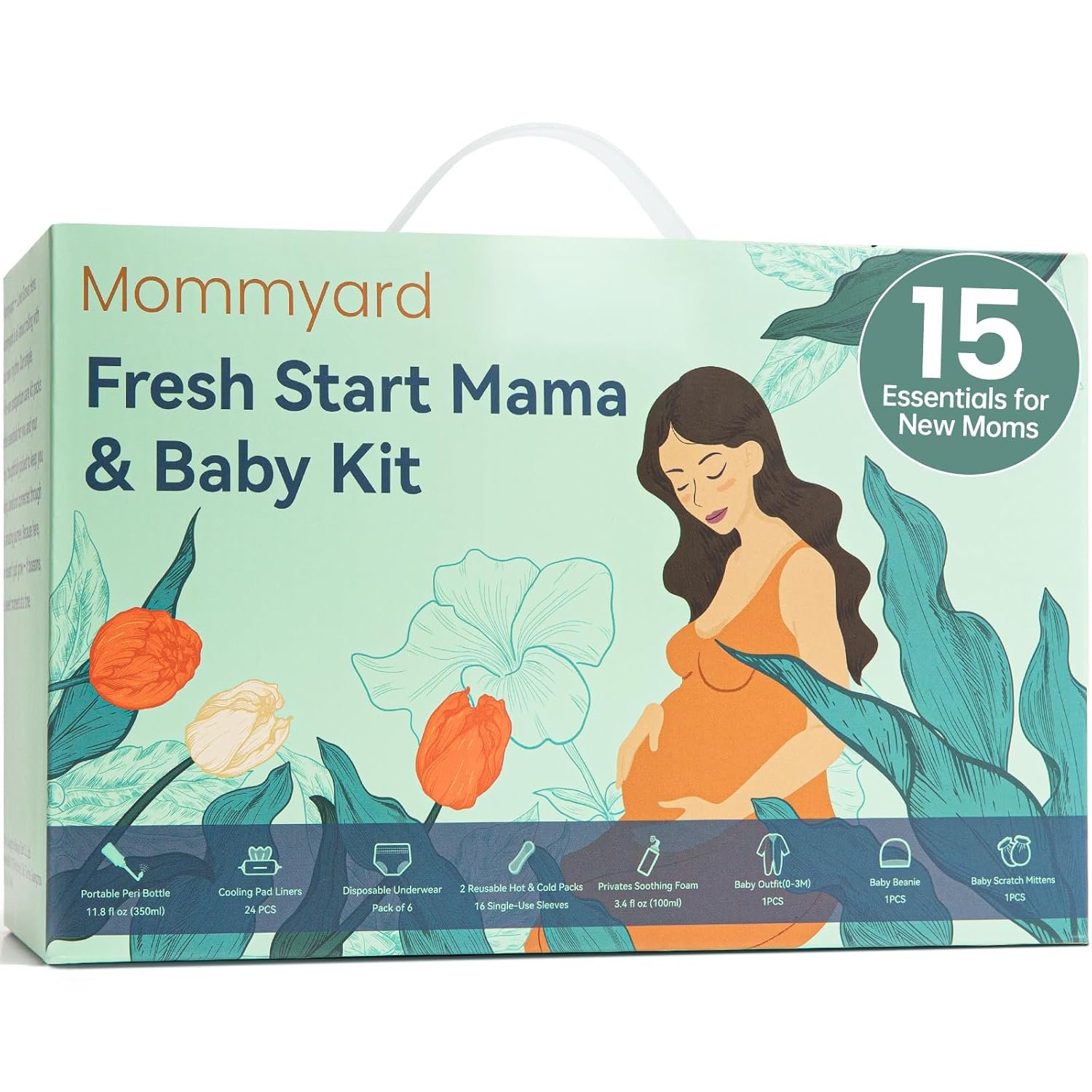 Postpartum Essentials Kit for Mom & Baby, Postpartum Care for Labor & Delivery, Peri Bottle, Cooling Spray, Disposable Underwears, Postpartum Pads, Hot&Cold Packs, Soothing Liners, Baby Outfits Set
