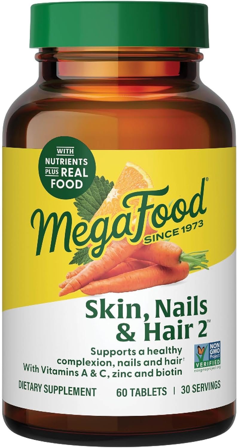 MegaFood Skin, Nails & Hair 2 – Vitamins for Women & Men – Biotin, Vitamin A, C, Zinc, B6, E, Pantothenic Acid – Vegan – Made Without 9 Food Allergens – 60 Tabs (30 Servings)
