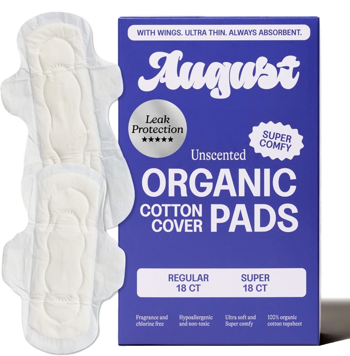 August Regular & Super Organic Pads for Women, 36 (18+18) Ultra Thin Pads with Wings, Hypoallergenic Sanitary Napkins with Organic Cotton Topsheet, Compostable Wrapper, Non-Toxic, Fragrance-Free