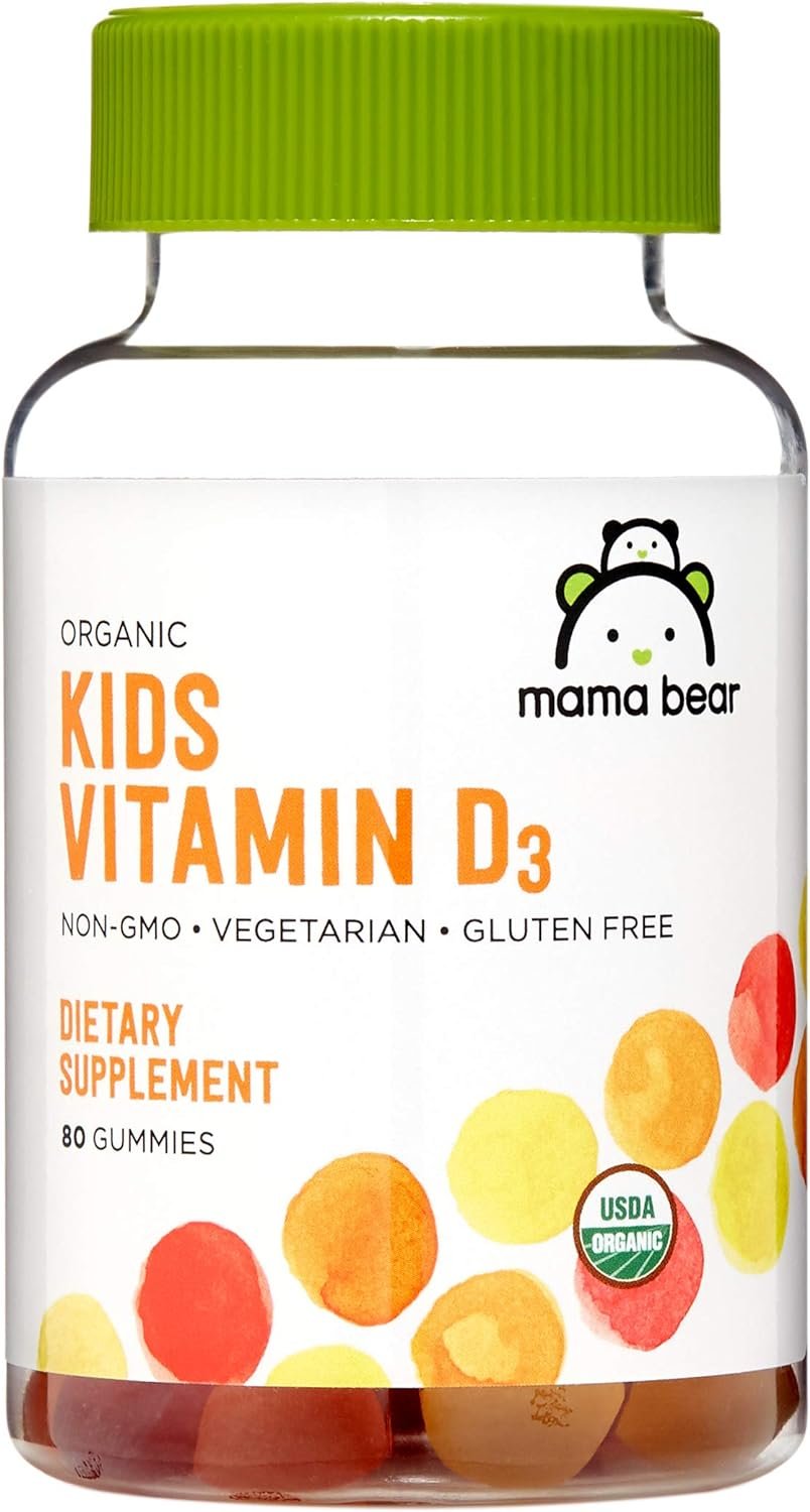 Amazon Brand – Mama Bear Organic Kids Vitamin D3 25 mcg (1000 IU) Gummies per serving, Bone and Immune Health, Strawberry, 80 Count