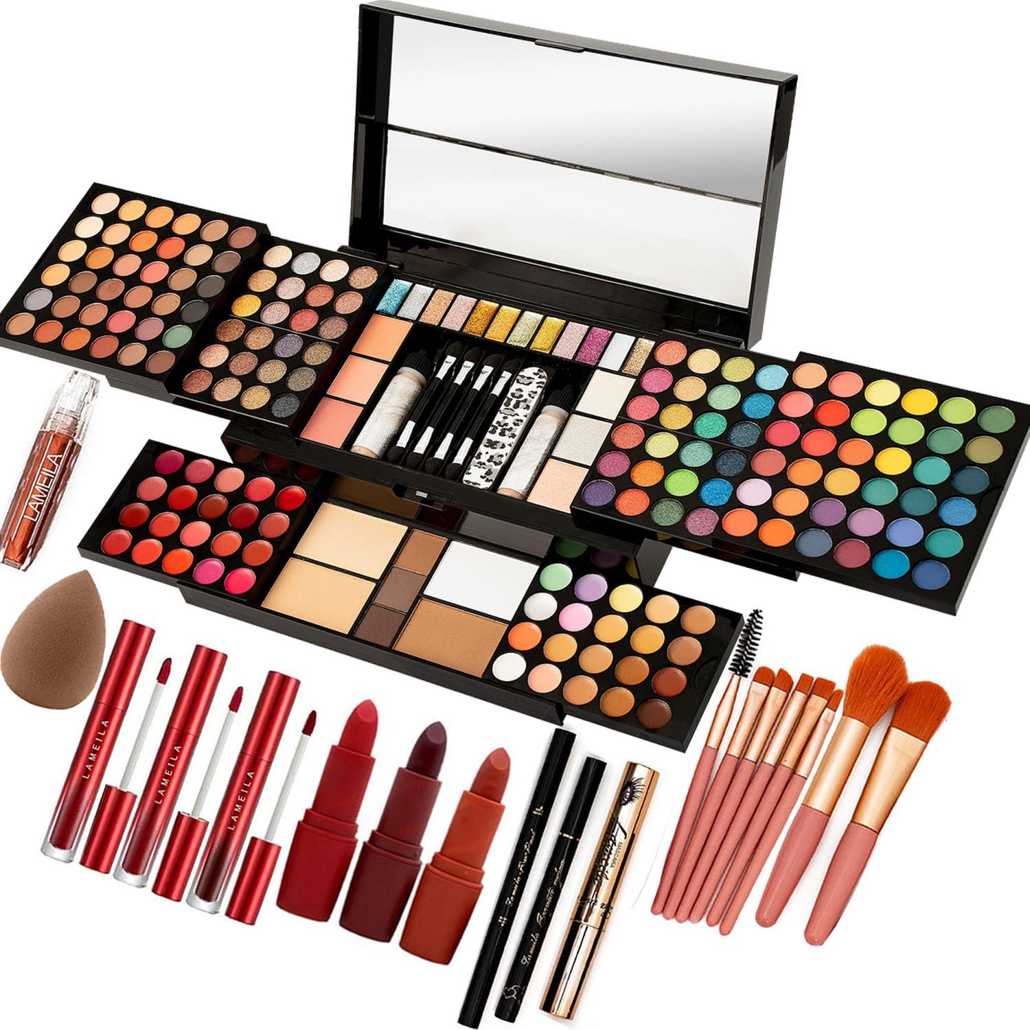 MISS ROSE M 187 Colors Professional Makeup Palette – All-in-One Kit With Eye Shadows, Lipsticks, Mascara, Foundations, Blushes, Brow Pencils, Nail File – Makeup Gift Set for Women and Girls