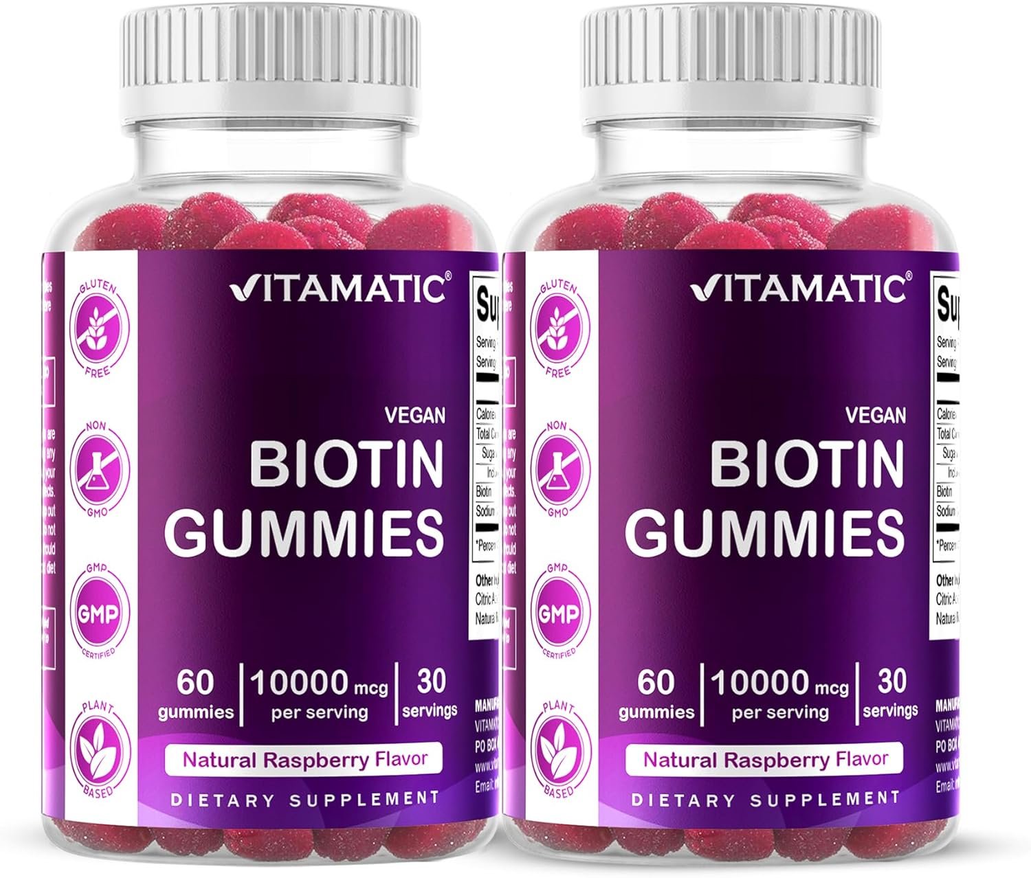 Vitamatic Biotin Gummies 10,000 mcg for Stronger Hair, Skin & Nails – 60 Vegan Gummies – Also Called Vitamin B7 (2 Bottles)
