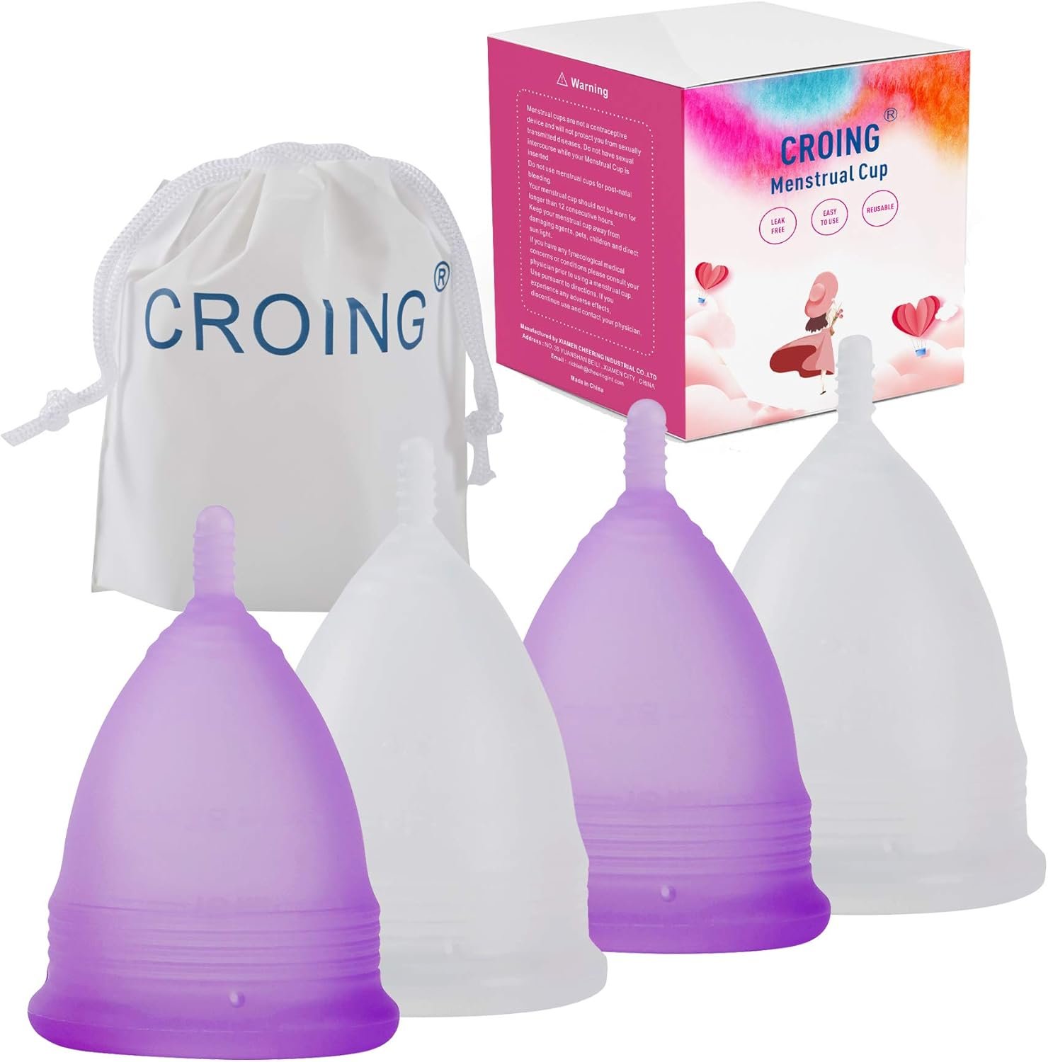 Reusable Menstrual Cup Set of 4, Period Cup, 2 pcs Small and 2 pcs Large (Purple and White)