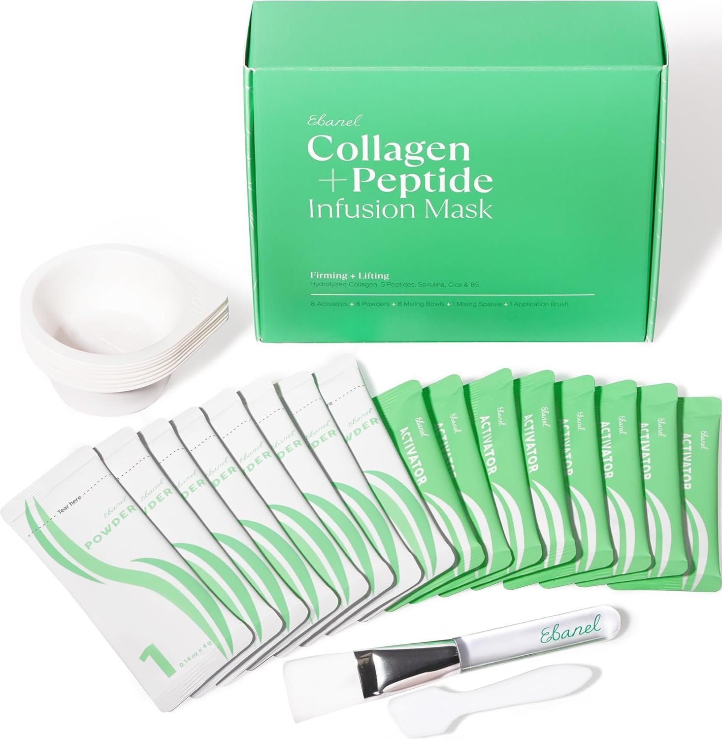 Ebanel Collagen Peptides Wash-Off Face Mask Set, 8 Pack Instant Skin Tightening and Lifting Masks, Brightening Face Mask with Niacinamide, Glutathione, Hyaluronic Acid, Vitamin C, Cica, B5, Albumen