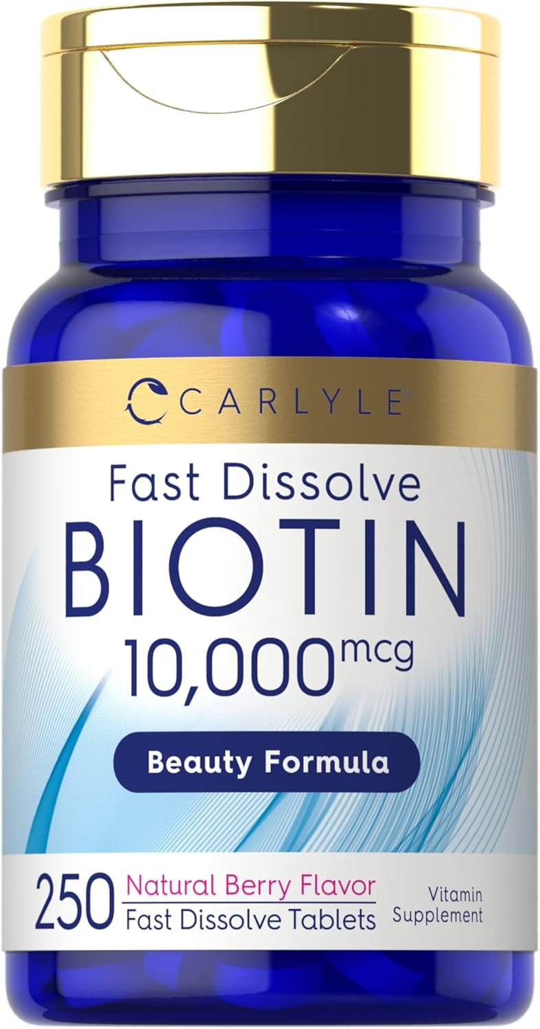 Carlyle Biotin 10000mcg | 250 Fast Dissolve Tablets | Max Strength for Hair, Skin, and Nails | Vegetarian, Non-GMO, Gluten Free Supplement