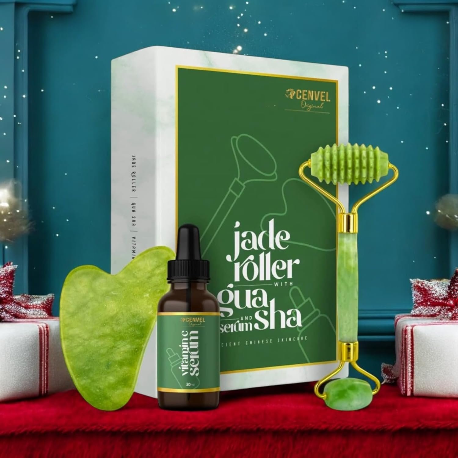 100% Real Crystal Jade Stone Roller and Gua Sha Set with Vitamin C Serum | Great for Eye Puffiness Treatment, Skin Tightening, Anti Aging, Rejuvenate Face & Neck | Great Gift for Women & Men (Green)