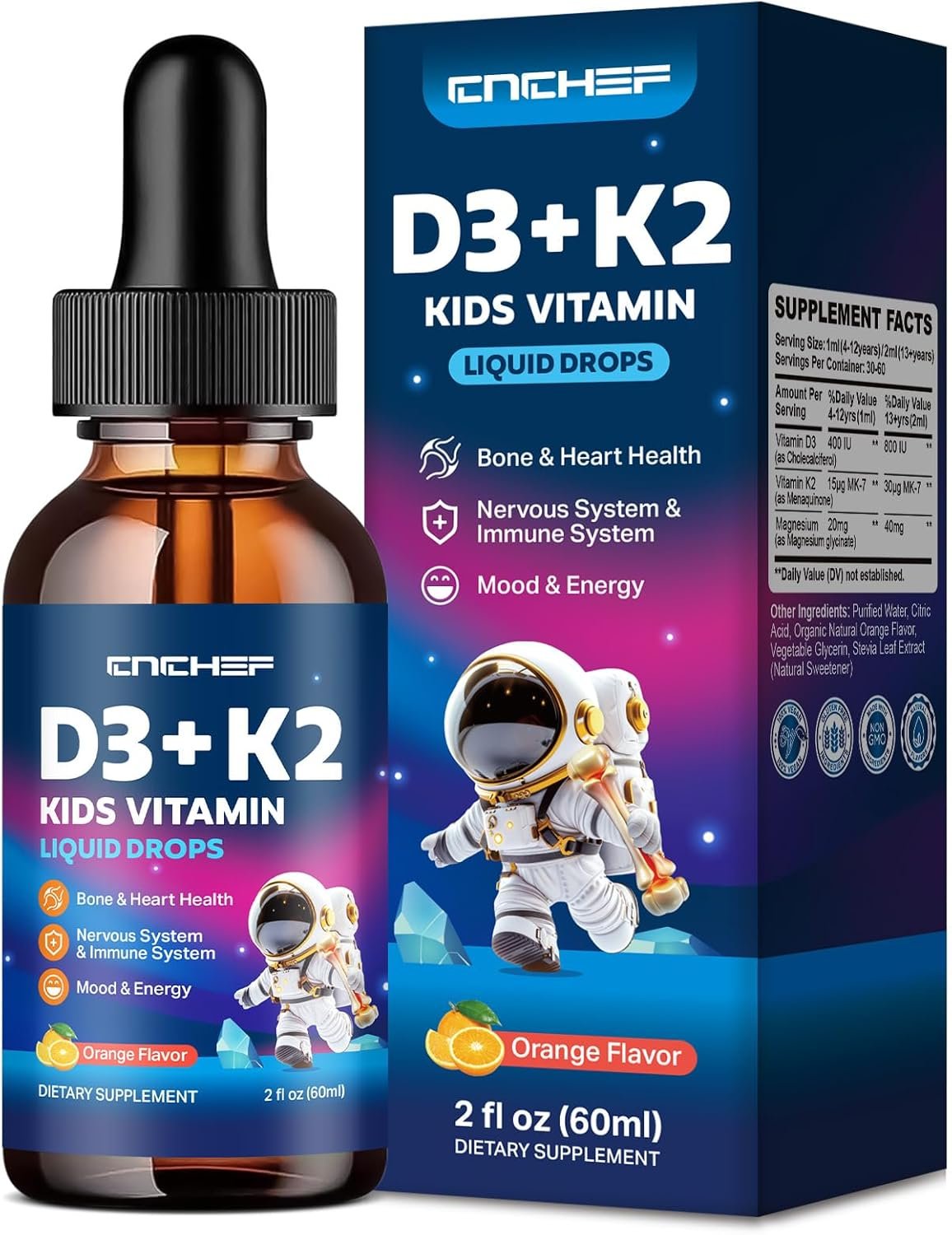 Vitamin D3 K2 Drops for Kids – Liquid Supplement with Magnesium for Calcium Absorption, Joint Health, Teeth & Heart – Non-GMO, Vegan, Orange, 2 Fl Oz – Kids Ages 4+