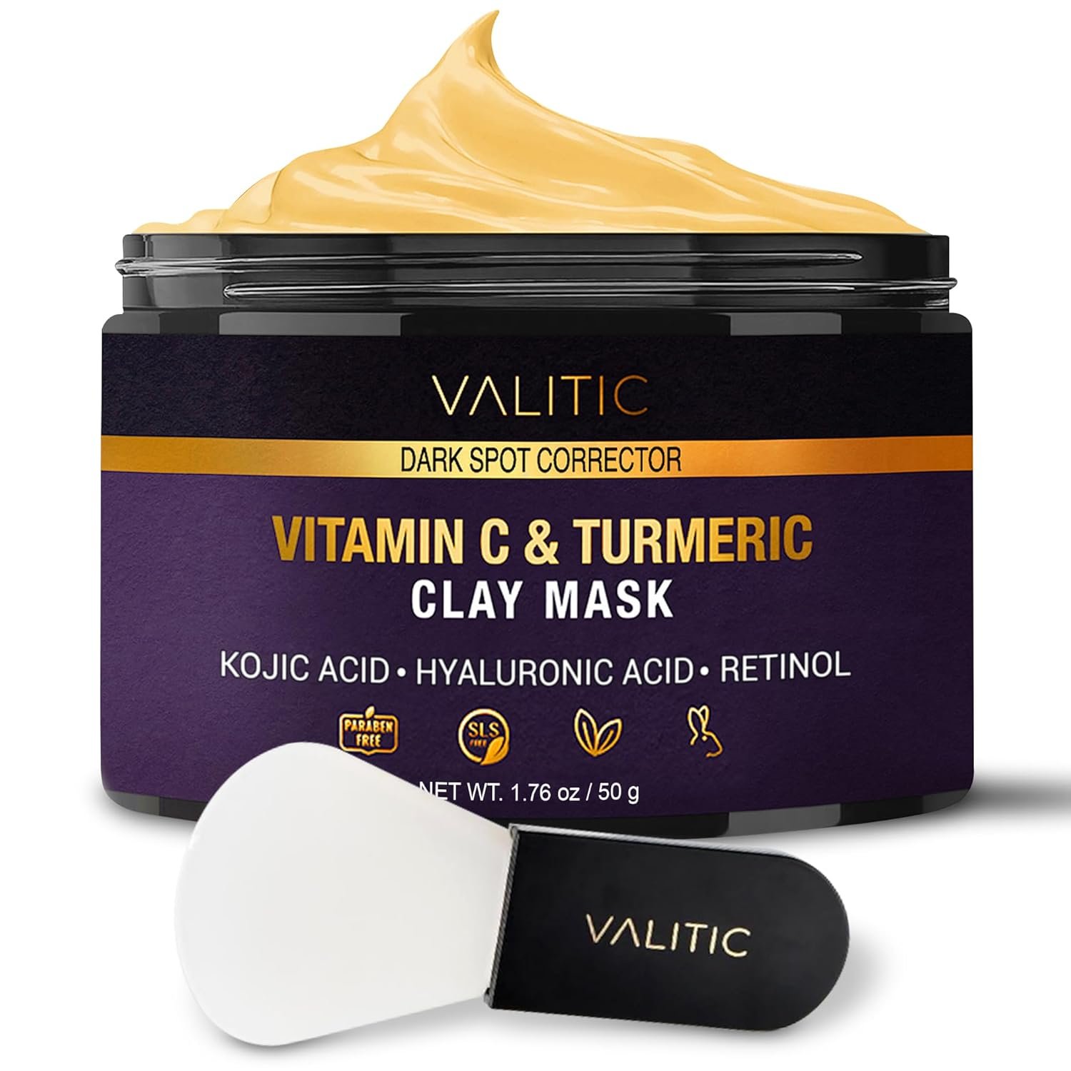 VALITIC Vitamin C & Turmeric Clay Mask – Dark Spot Corrector with Kojic Acid, Hyaluronic Acid & Retinol – Skin Care Routine for Minimizing Pores & Blackheads – with Applicator Brush – 50g