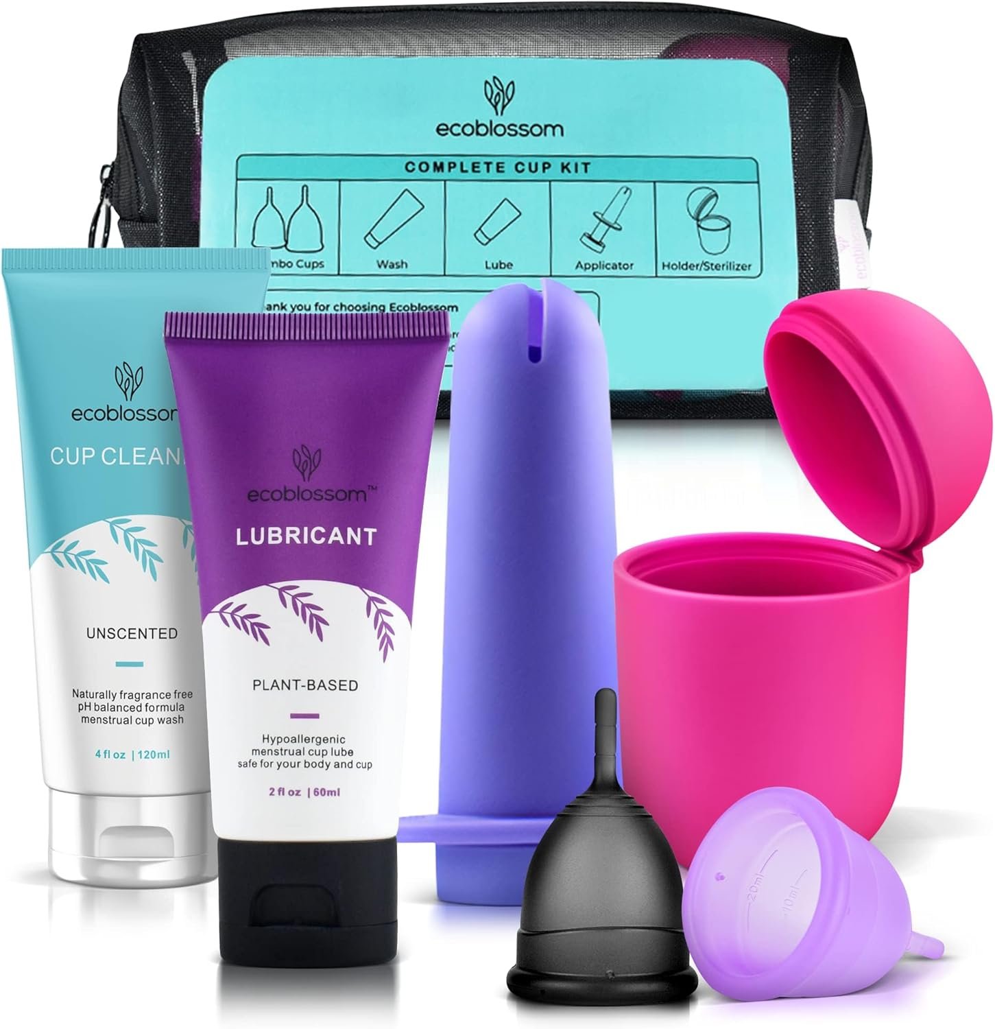 Ecoblossom Complete Menstrual Cup Kit – Small & Large Reusable Period Cups, Silicone Sterilizer Holder, Cleansing Wash, Water-Based Lube, and Easy-Insert Disc Applicator – All Inclusive Set