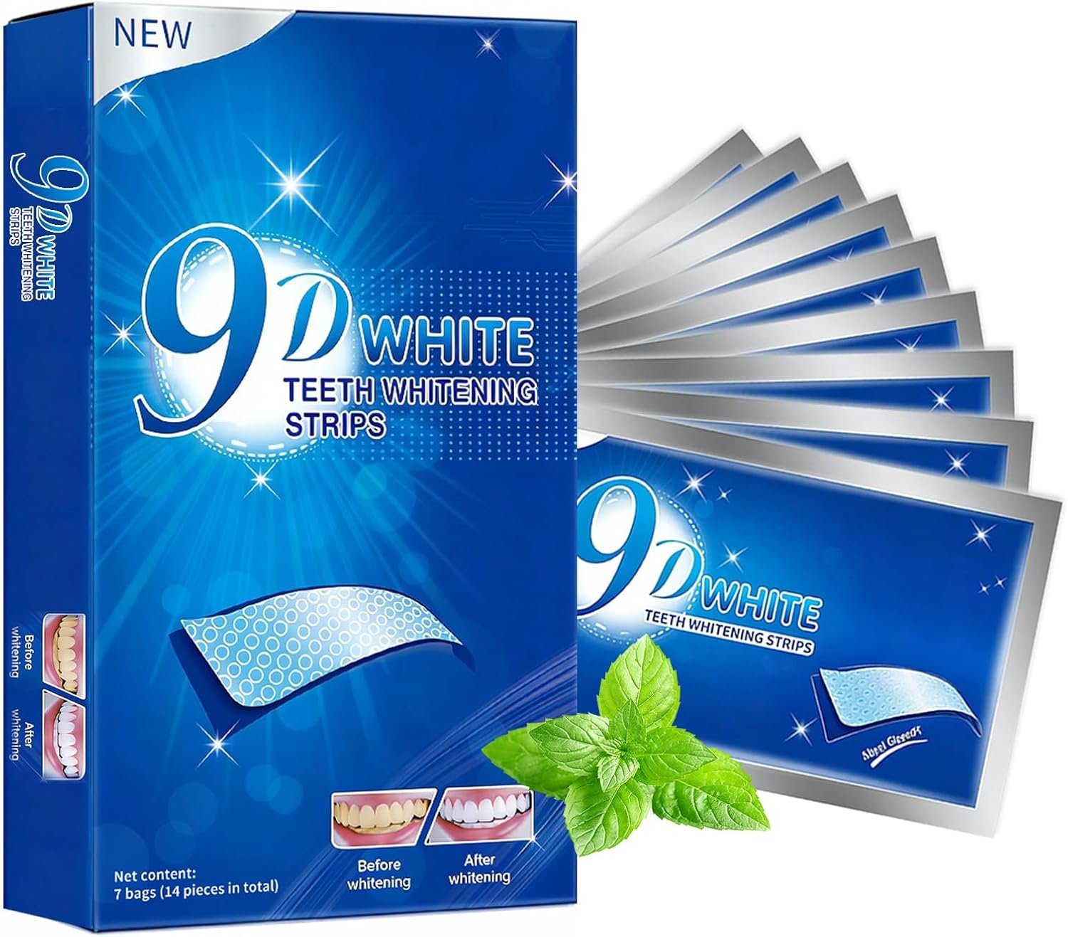 Teeth Whitening Strips – 9D Teeth Whitening Kit Professional Effects, Non-Sensitive Teeth Whitener for Enamel Safe, 14 Strips (7 Day Treatment) Remove Stains for a Brighter Smile, Mint