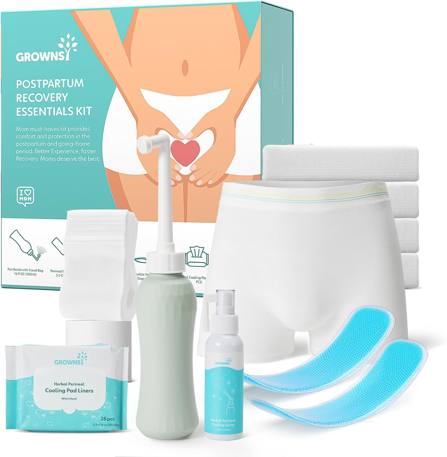 Grownsy Postpartum Essentials Recovery Kit for Labor & Delivery | Postpartum Kit for Women | Includes Upside Down Peri Bottle, Perineal Spray, 28 Cooling Pad Liners,2 Ice Packs &4 Disposable Underwear