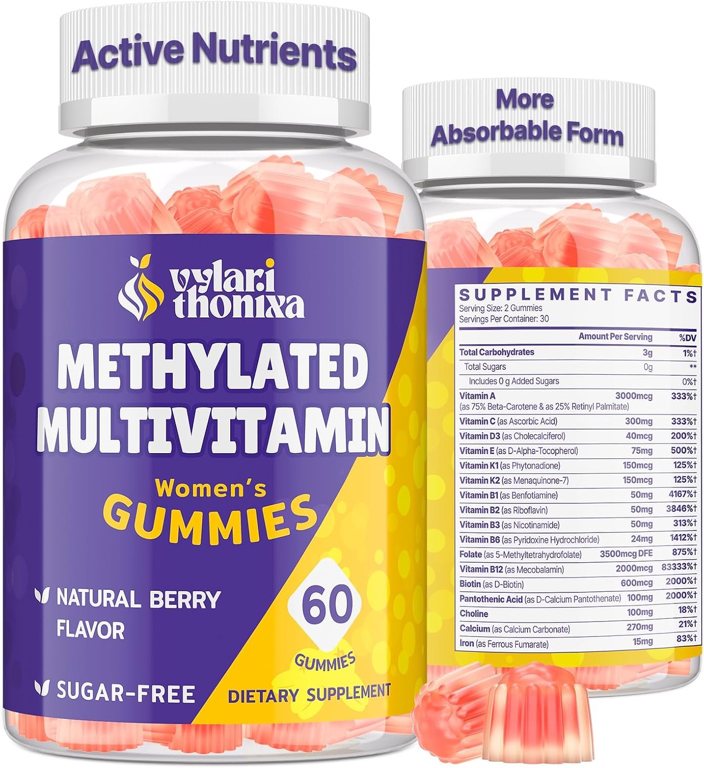 Methylated Multivitamin Gummies for Women – MTHFR Supplement Contains Methylfolate, Methylated B12, TMG & Vitamins A C E K – Energy, Immune & Skin Support– Womens Gummy Multivitamins