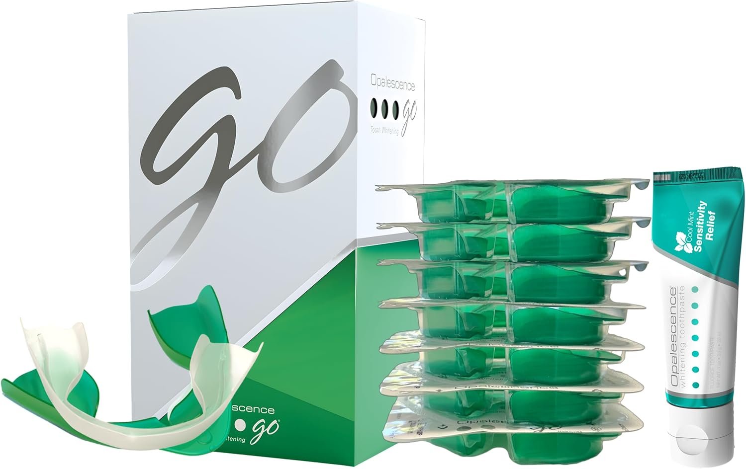 Opalescence GO 15 Mint Whitening Bundle – (7 Treatments) Hydrogen Peroxide Prefilled Teeth Whitening Trays and Travel Whitening Sensitivity Toothpaste 1 Oz – Mint Flavor – 6288-1