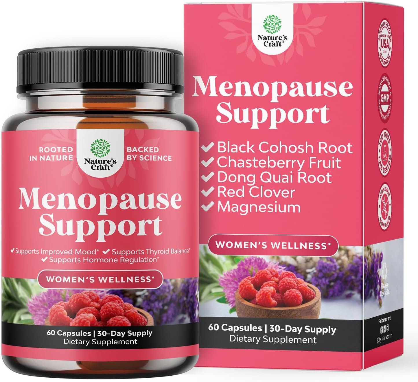 Natures Craft Complete Herbal Menopause Supplement for Women – Female Hormone Balance Capsules for Night Sweats Hot Flashes & Mood Swings with Dong Quai, Chaste Berry & Black Cohosh Root – 60 Count