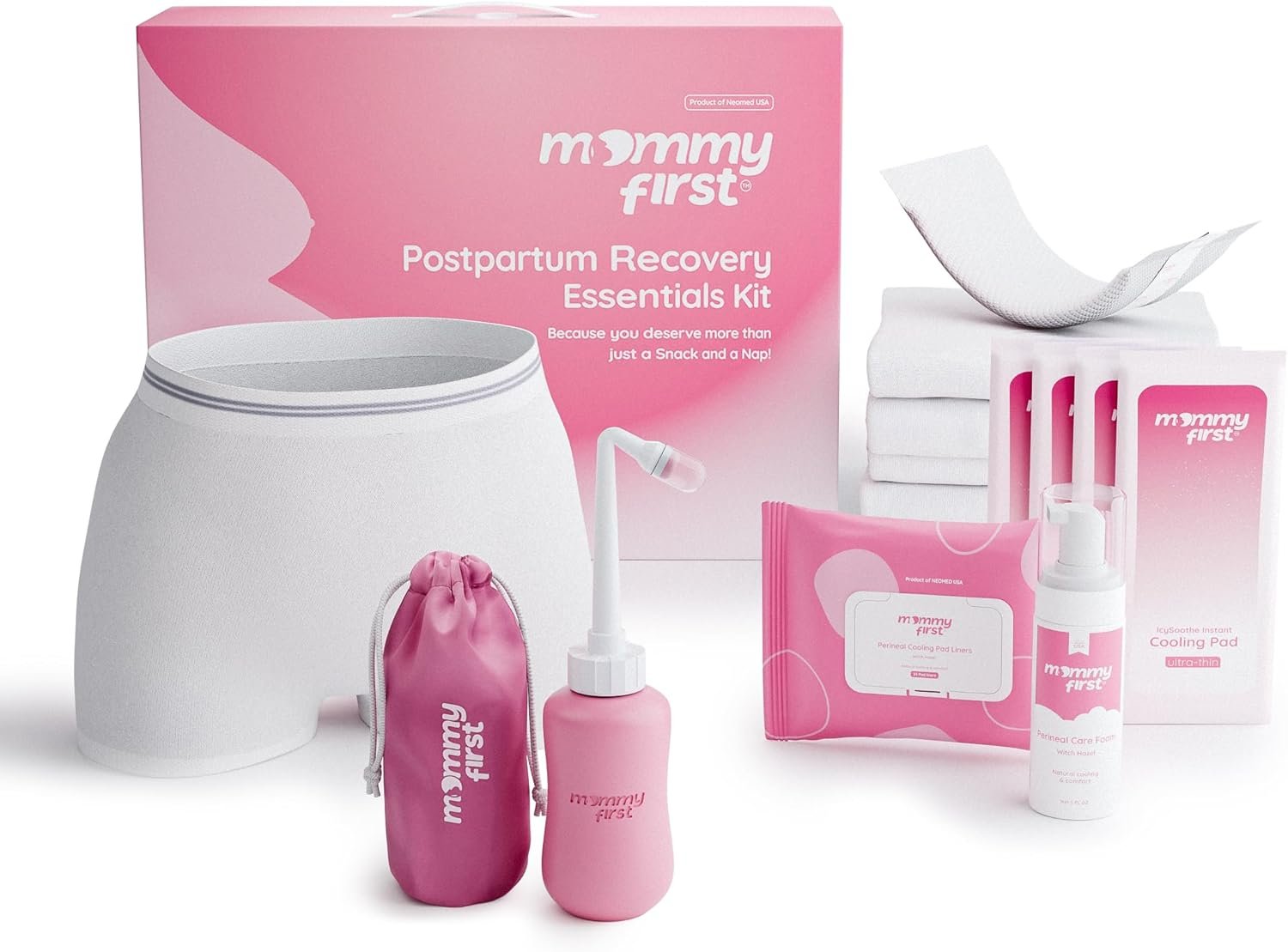 Mommy First® Postpartum Essentials Recovery Kit – Next-Gen Perineal Ice Packs, Alcohol-Free Witch Hazel Healing Foam and Liners, Upside Down Peri Bottle & Postpartum Underwear for Postpartum Recovery