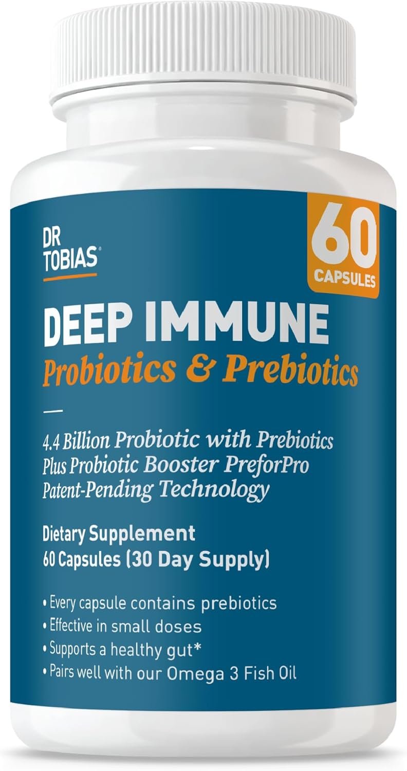 Dr. Tobias Deep Immune Probiotics & Prebiotics – Dual Action Digestion & Immune Support with PreforPro Prebiotics & Delayed Release Spore Forming Probiotics for Women & Men – 60 Capsules (30 Servings)