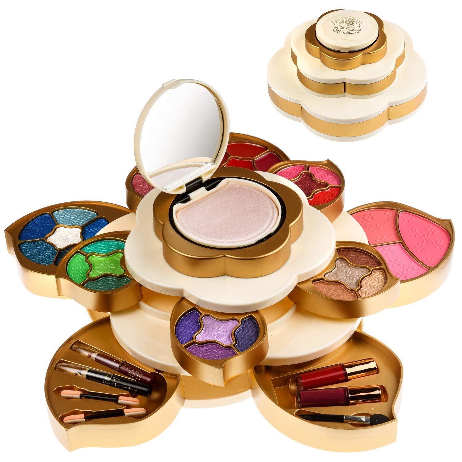 All In One Makeup Kit for Teens and Women – Flower Makeup Set for Girls 10-12 – Pigmented Eyeshadows, Lip Creams, Blushes, Concealer and Mirror – Full Starter Makeup Gift Set for Beginners