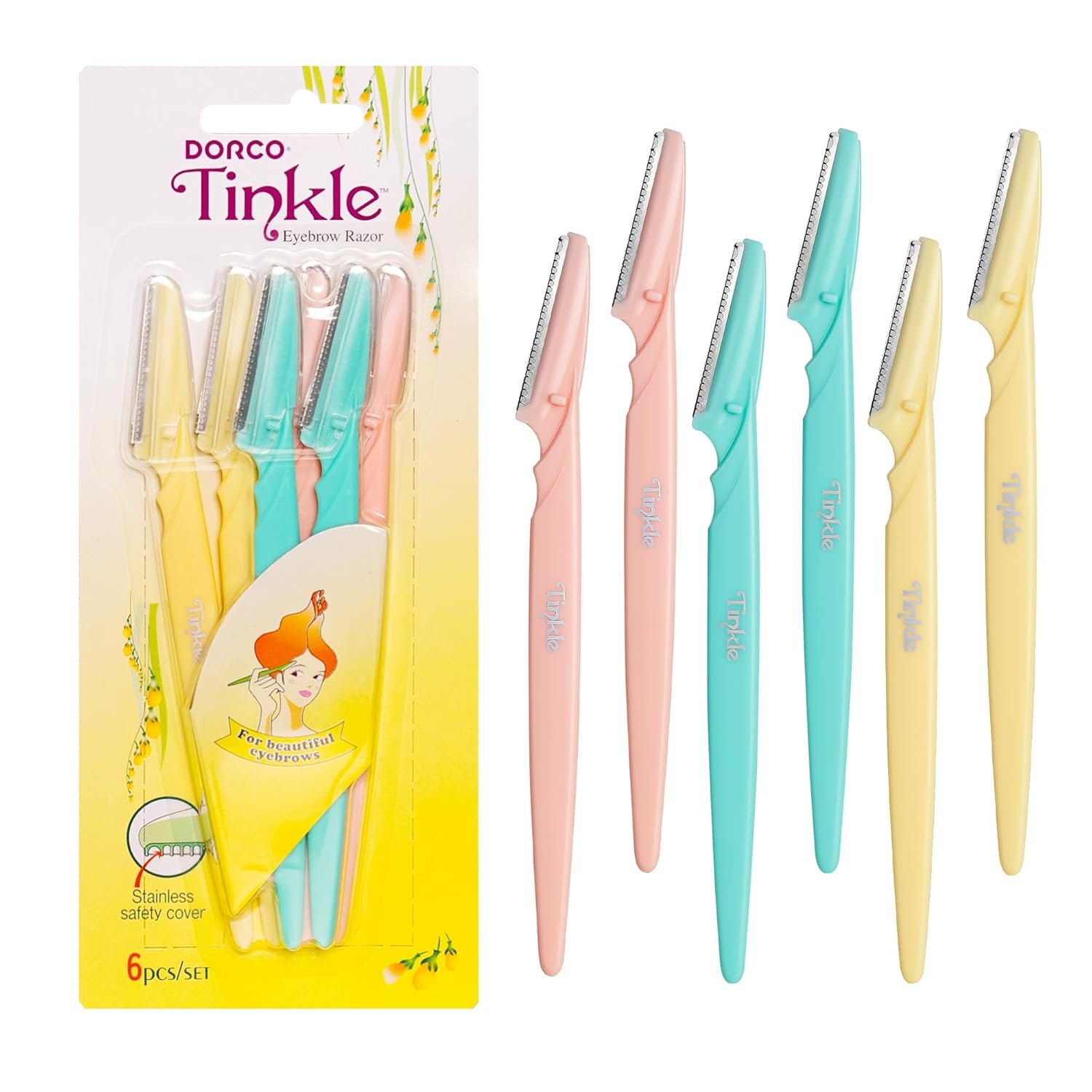 Tinkle Dermaplaning Tool 6ct, Dermaplane Razor for Women, Safe and Easy Peach Fuzz Remover, Eyebrow Trimmer with Protective Cover, Stocking Stuffers