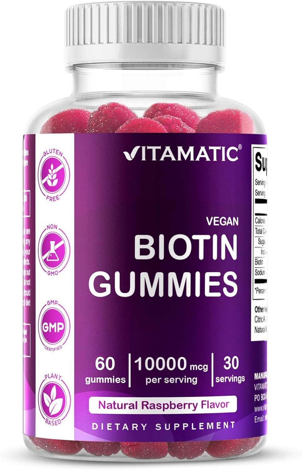 Vitamatic Biotin Gummies 10,000 mcg for Stronger Hair, Skin & Nails – 60 Vegan Gummies – Also Called Vitamin B7 (1 Bottle)