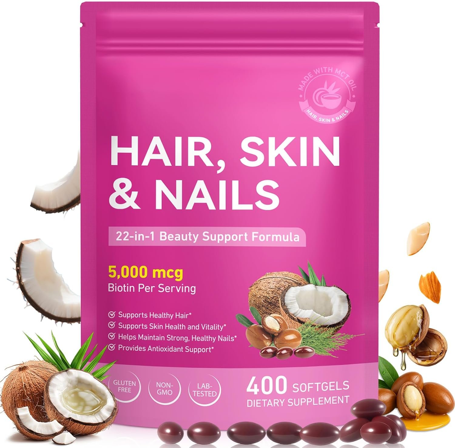 Biotin Supplement, Multivitamin for Women, 5000 mcg Biotin of Per Serving with Vitamin A/C/E/B Vitamins/Collagen/Keratin/Argan Oil for Hair/Nail Growth, Radiant Skin Support – for Women & Men|400 Pcs