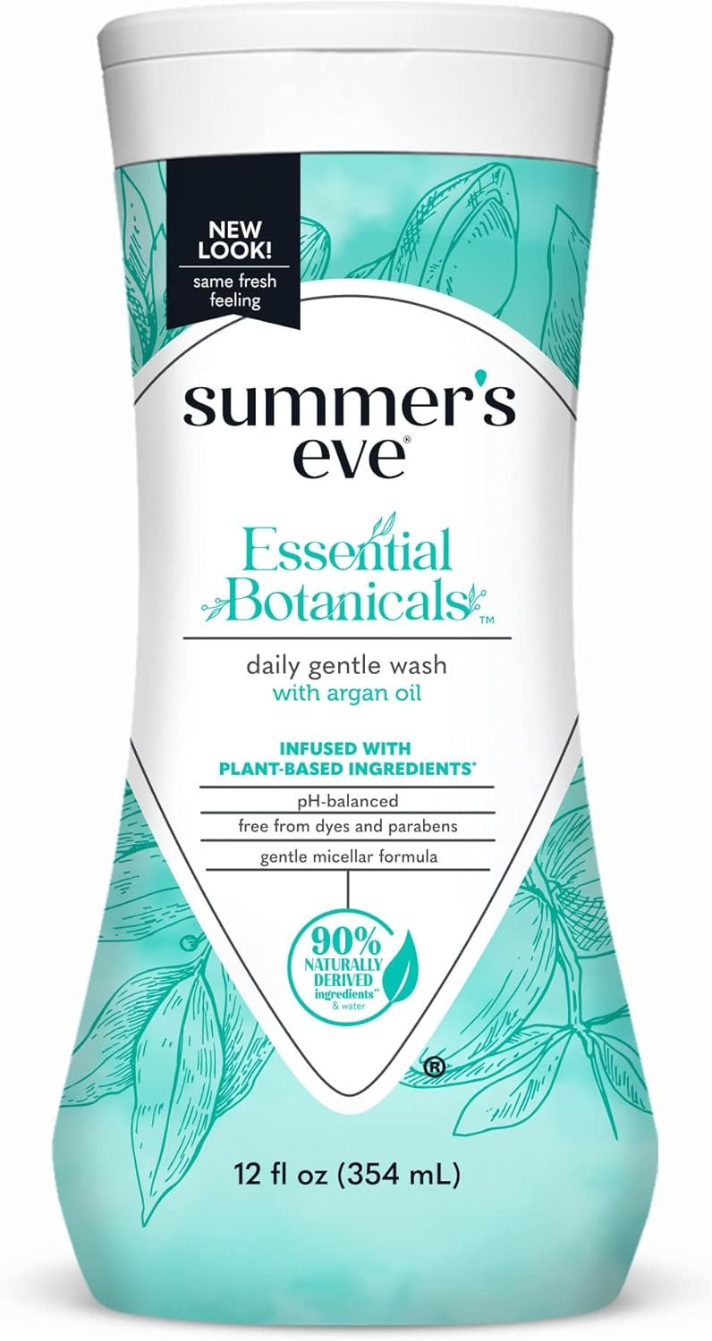 Summer’s Eve Essential Botanicals All-Over Daily Feminine Wash with Argan Oil, Gentle pH-Balanced Body Wash for Women, Removes Vaginal Odor and Refreshes, 12 Fl Oz