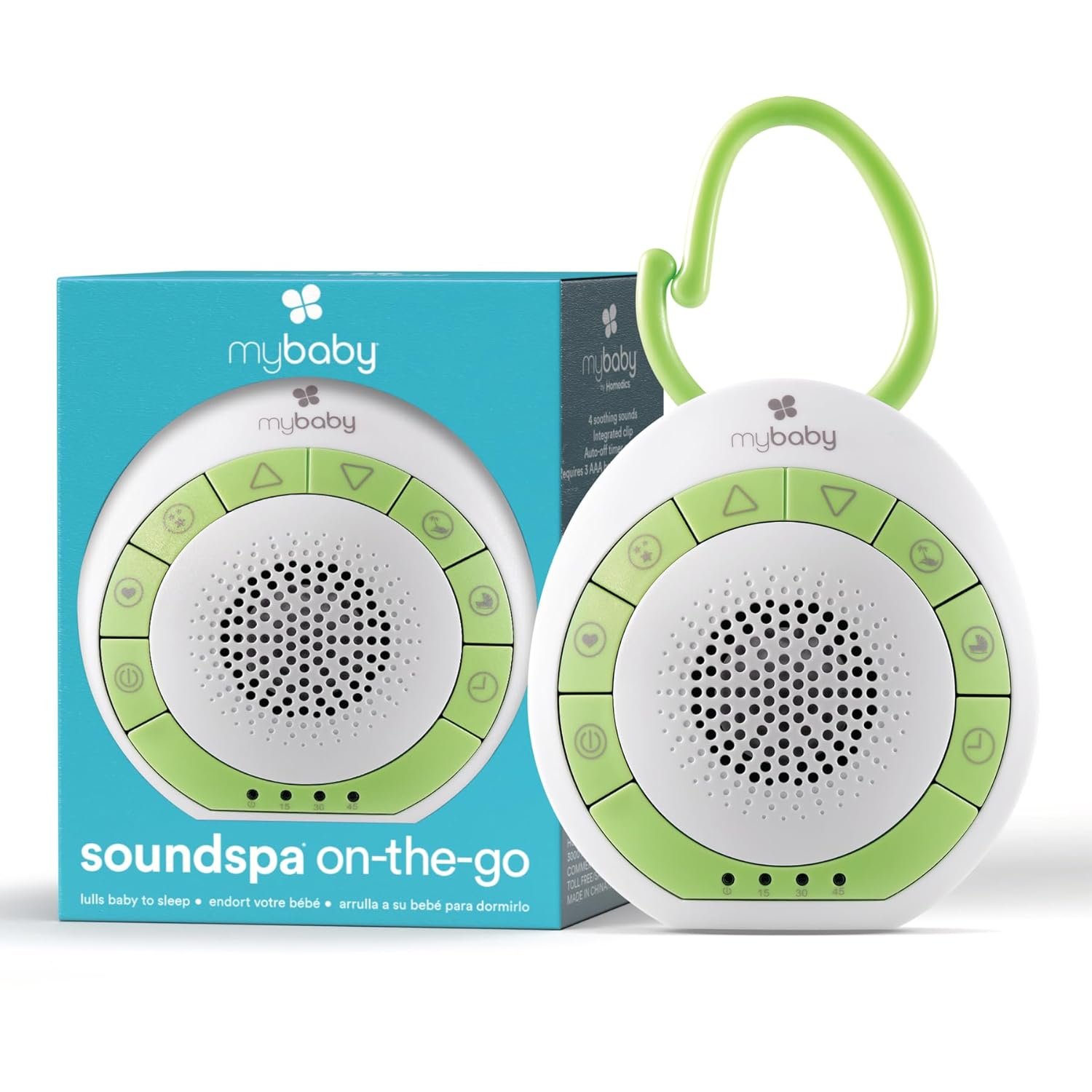 MyBaby Baby Sound Machine – White Noise Sound Machine for Baby, Travel, Nursery and On The Go – 4 Soothing Sounds, Integrated Clip, Small and Lightweight – Great for Baby Registry Gift