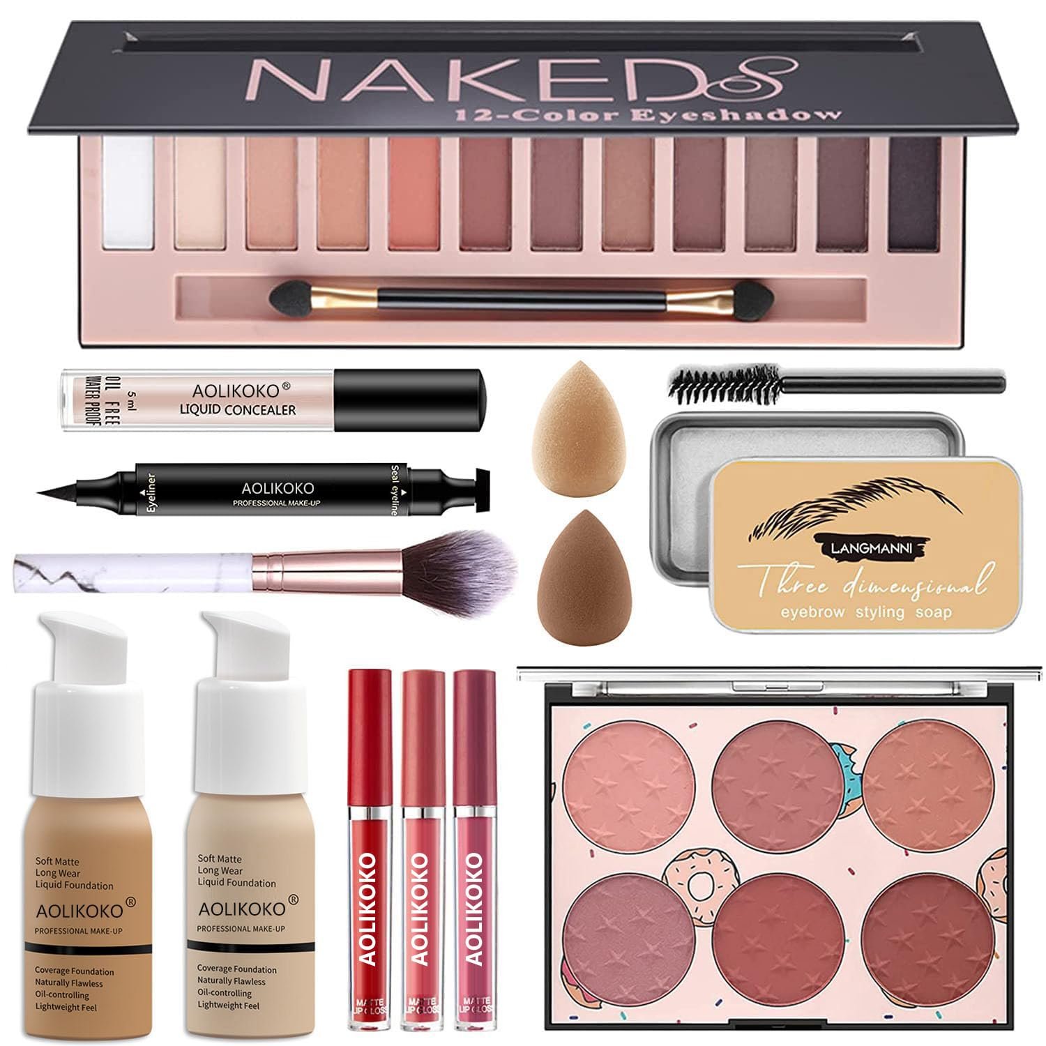 12-Color Pro Makeup Kit for Women – Eyeshadow, Foundation, Lipstick, Blush, Brushes, Eyeliner Stamp
