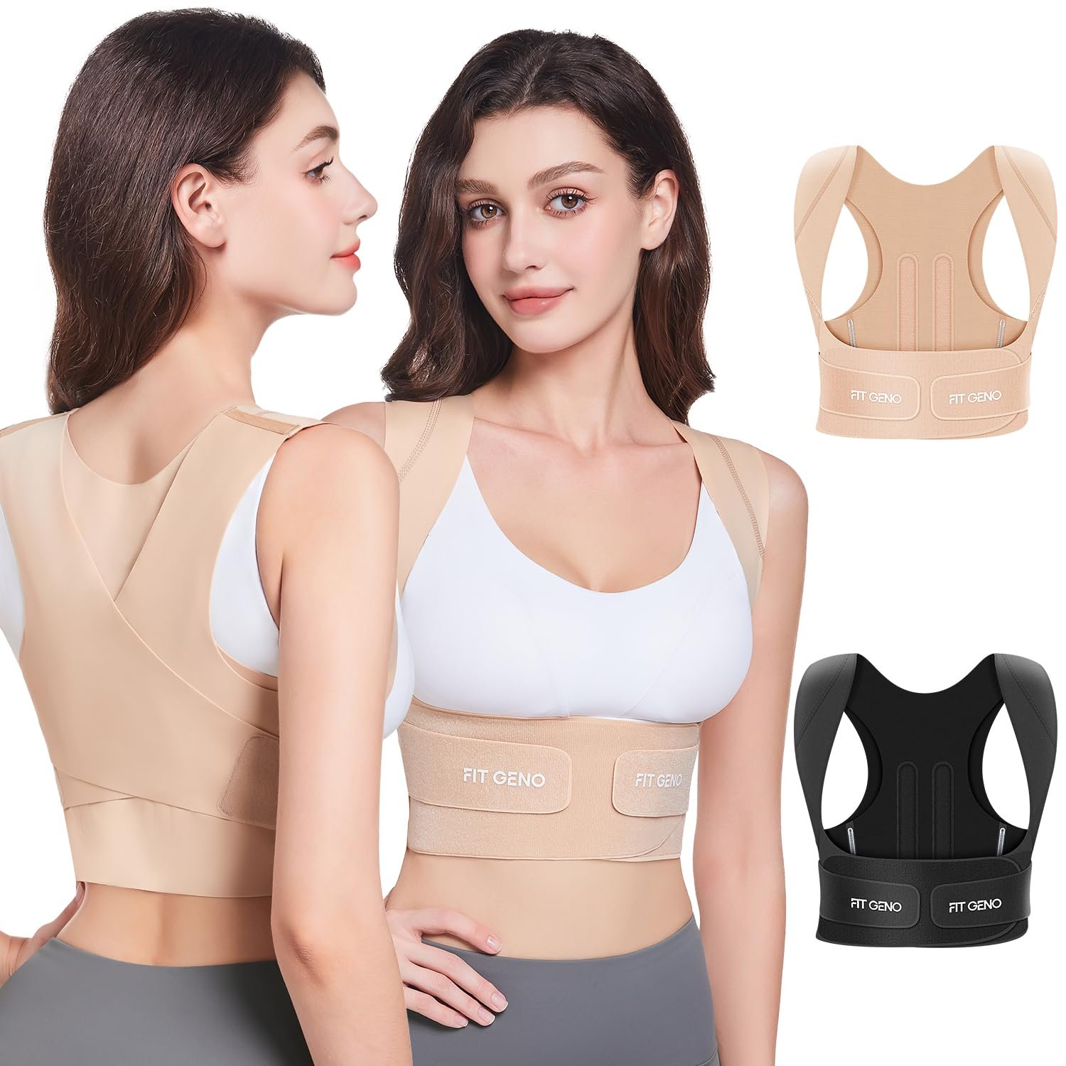 Fit Geno Posture Corrector for Women Invisilite: Invisible Lightweight Back Brace for Neck Shoulder & Upper Back Pain Relief – Improve Posture Correct Hunchback Slouching Under Clothes Large