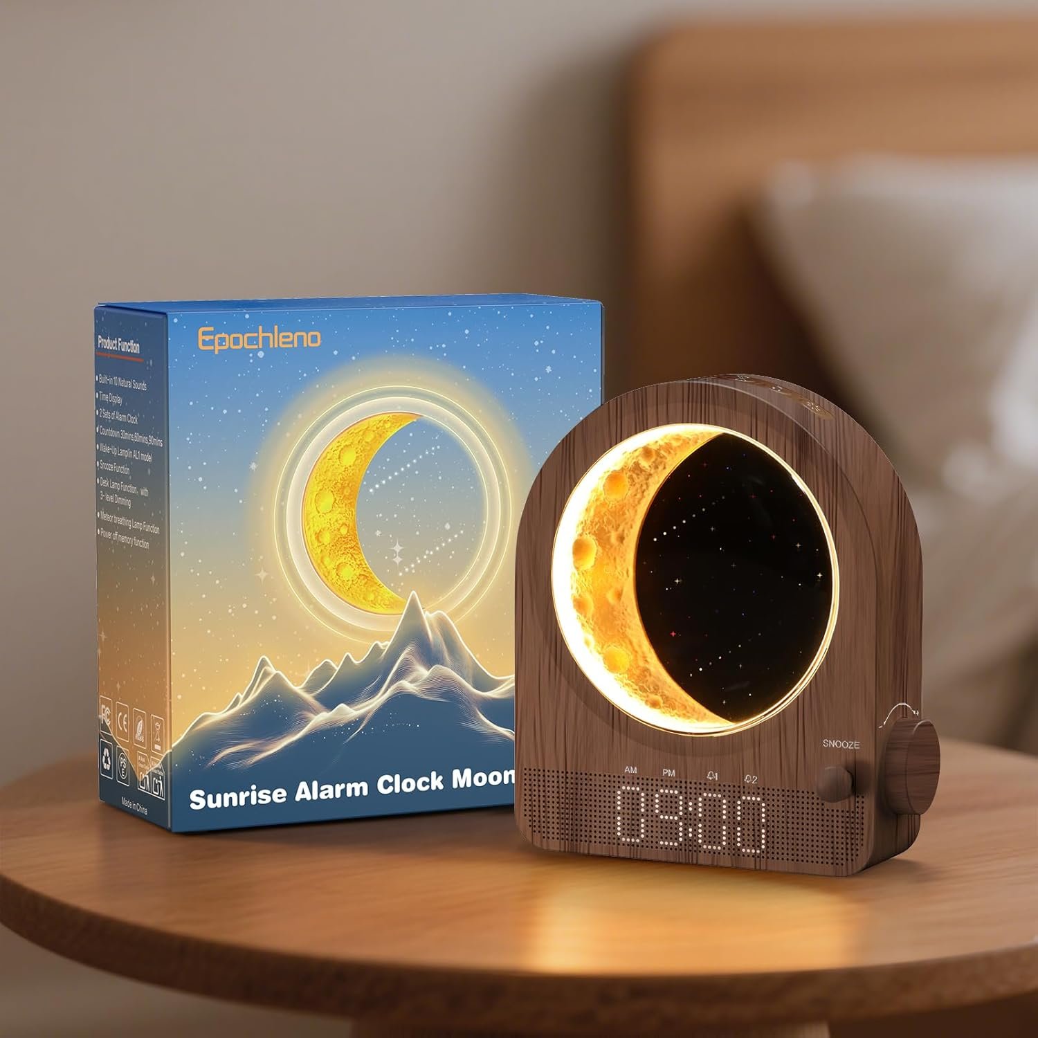 Sunrise Alarm Clock, White Noise Machine & Meteor Moonlight – 10 Soothing Sounds, Dual Alarms, 30/60/90min Timer, Easy Snooze – Bedroom Gift for Insomnia Adults/Women – Walnut