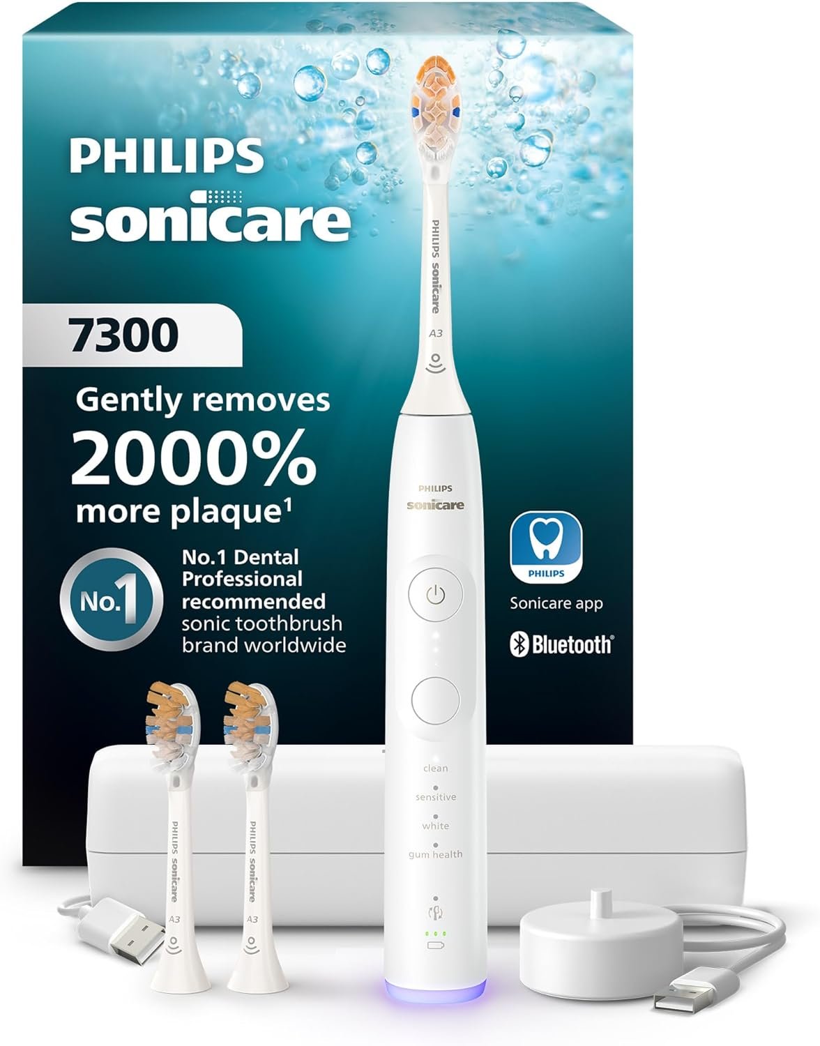 Philips Sonicare 7300 Series Electric Toothbrush – Next-Generation Sonicare Technology, Pressure Sensor, 12 Brushing Settings, SmarTimer, BrushPacer, 21-Day Runtime, Travel Case, White, HX7420/07