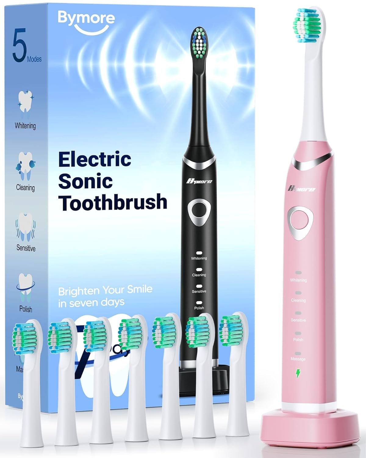 Bymore Electric Toothbrush for Adults,Travel Sonic Toothbrush with 8 Replacement Heads, Ultra Clean RechargeableToothbrush Portable One Charge for 330days 5 Modes 2mins Timer-Pink
