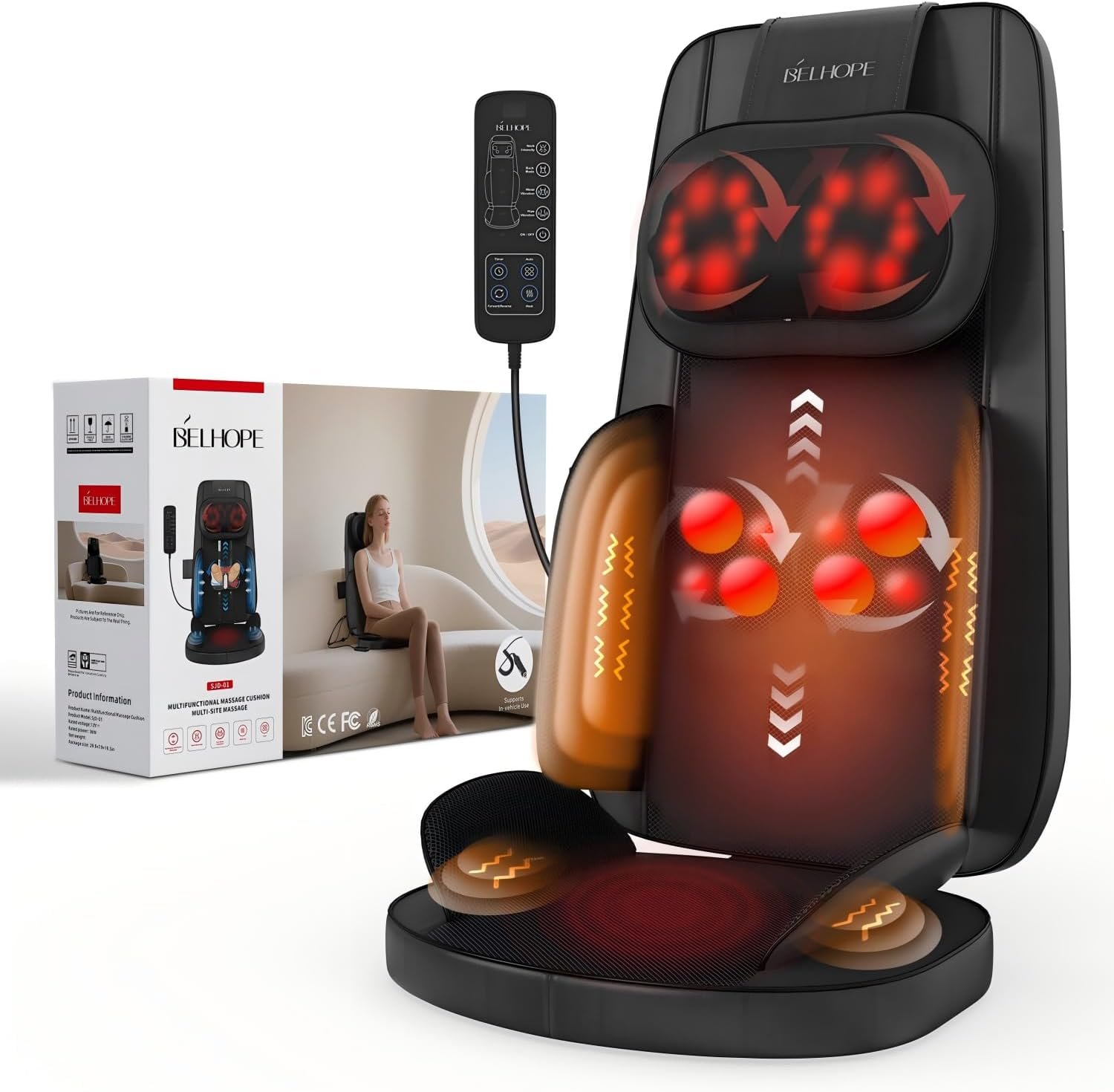 belhope Shiatsu Neck and Back Massager with Heat, 4D Kneading Back Massager for Pain Relief Deep Tissue, Comfortable Back Massage for Chair, Massage Mat for Office Home, Gifts for Mother Men Women