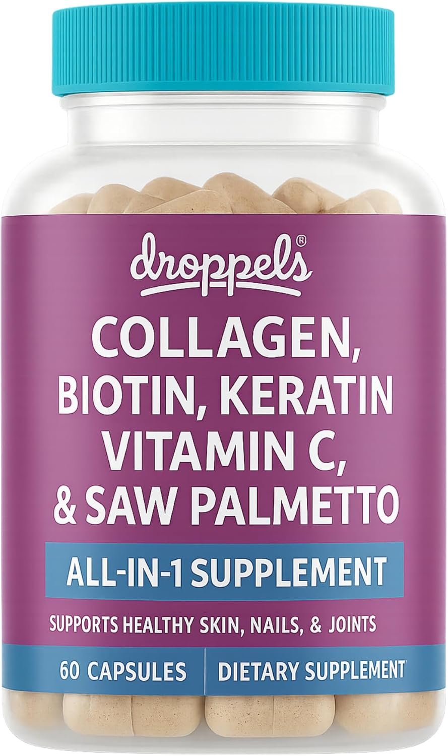 Droppels Collagen Capsules – Advanced Collagen + Biotin + Keratin + Vitamin C – Hair, Skin, Nails & Joints Support – 60 Count Dietary Supplement