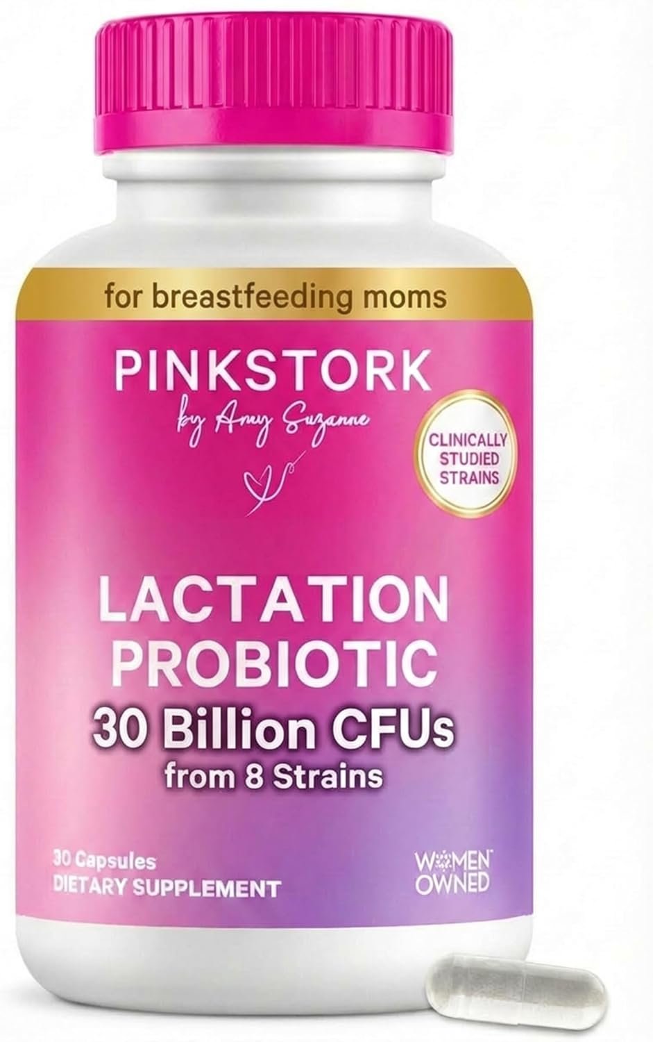 Pink Stork Lactation Probiotic – 30 Billion CFUs Multi Strain Postnatal Probiotics for Breastfeeding Women – Support Breast Milk & Gut Health, Postpartum Essentials, 30 Capsules