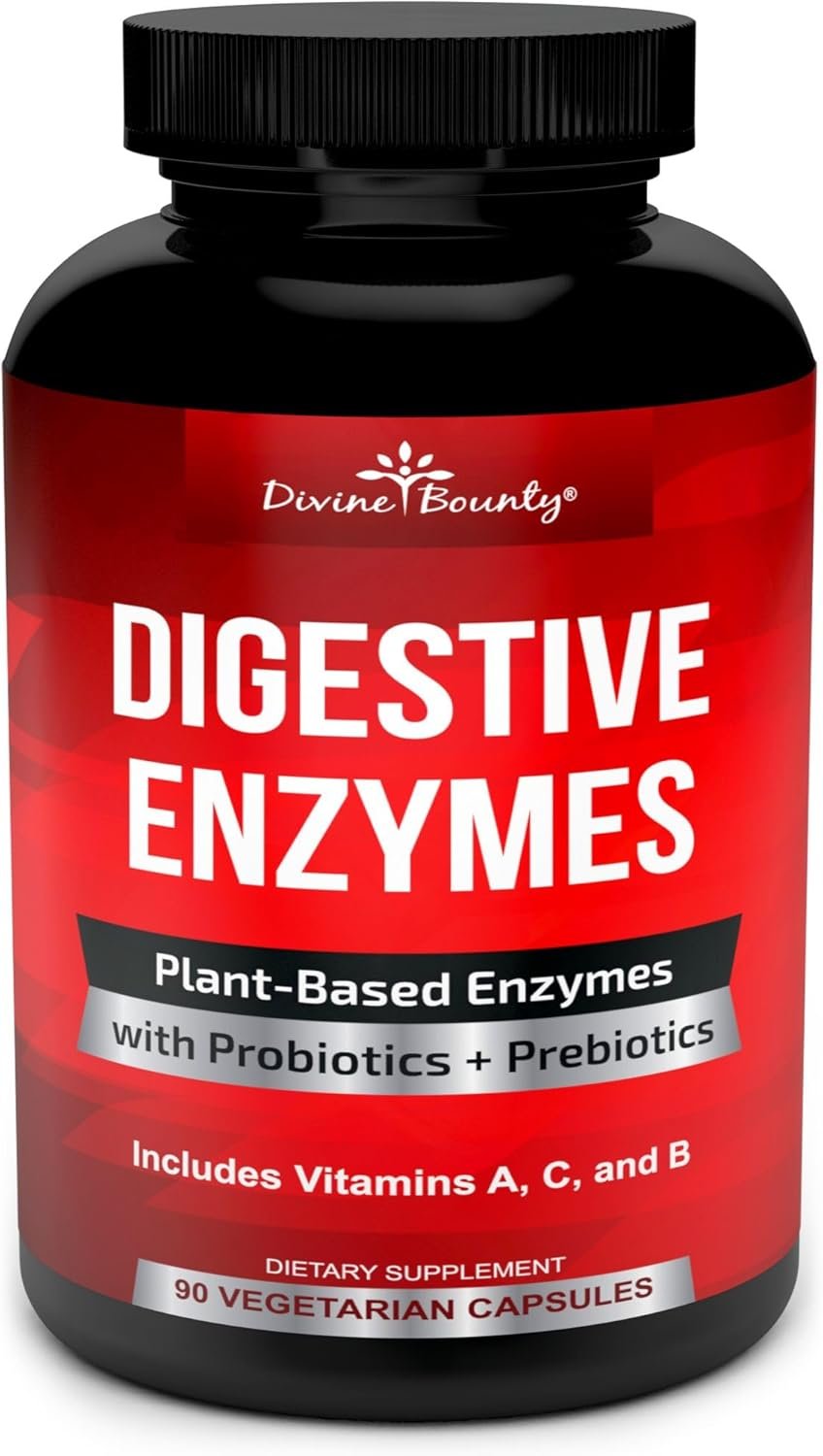 Divine Bounty Digestive Enzymes with Probiotics & Prebiotics with Lipase, Amylase, Bromelain – Support a Healthy Digestive Tract for Men and Women – 90 Vegetarian Capsules