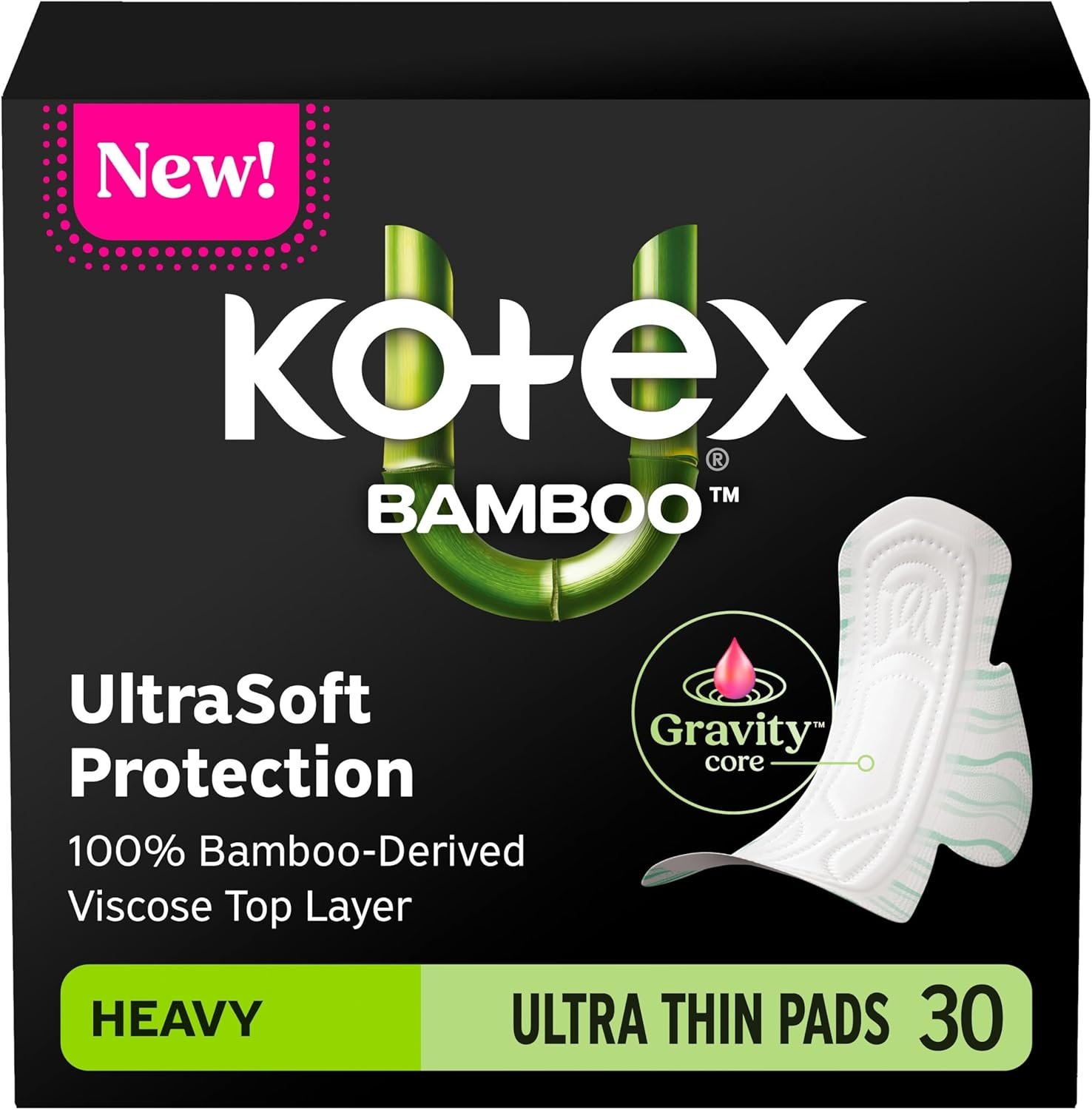Kotex Bamboo Ultra Thin Pads with Wings, Heavy Absorbency, 30 Count (Packaging May Vary)