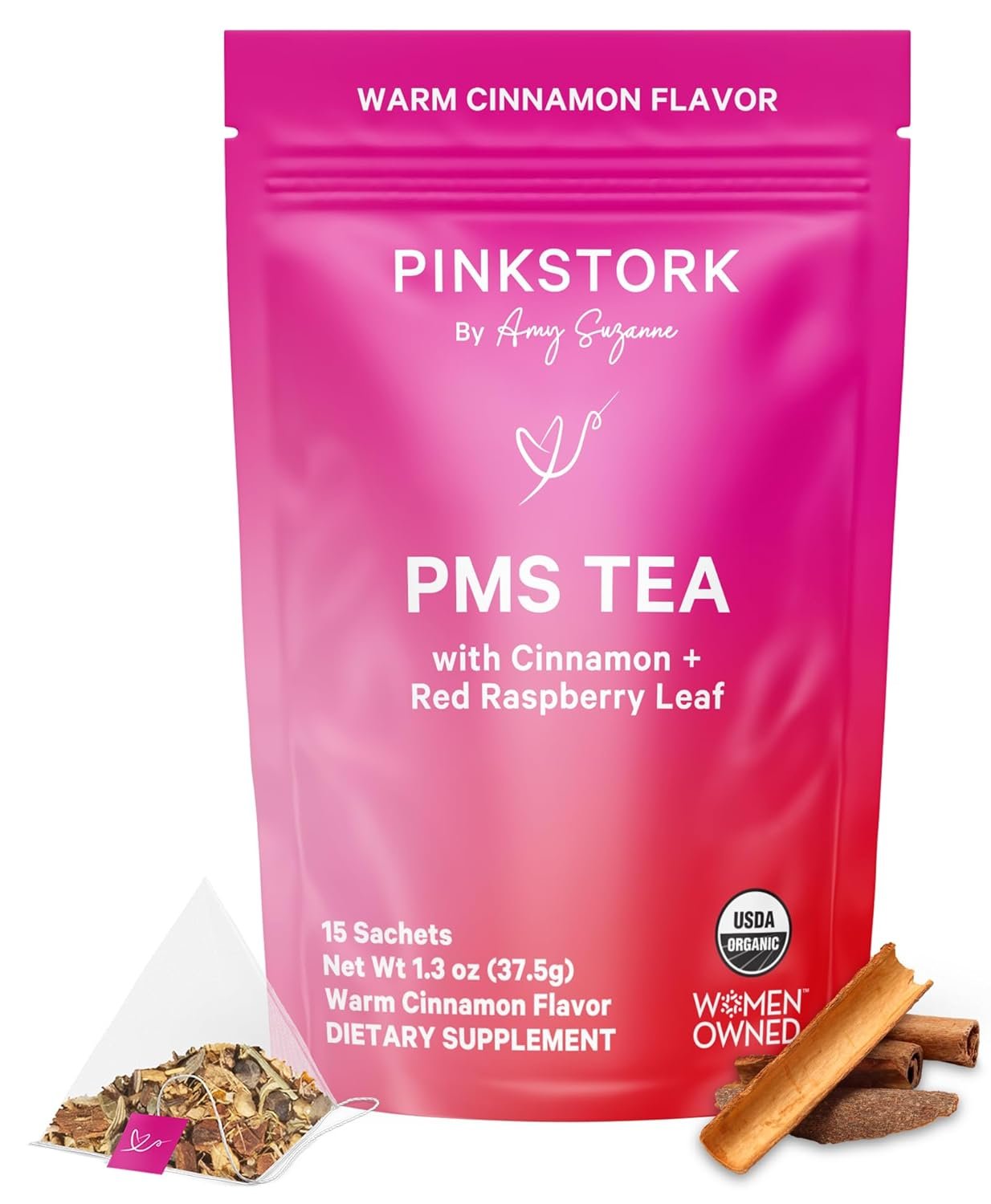 Pink Stork Organic PMS Tea for Hormone Balance, Mood Swings, Bloating, and Period Regularity – 8 Herbs – Vitex, Red Raspberry Leaf, Chamomile – Caffeine-Free – 15 Sachets, Hot or Iced