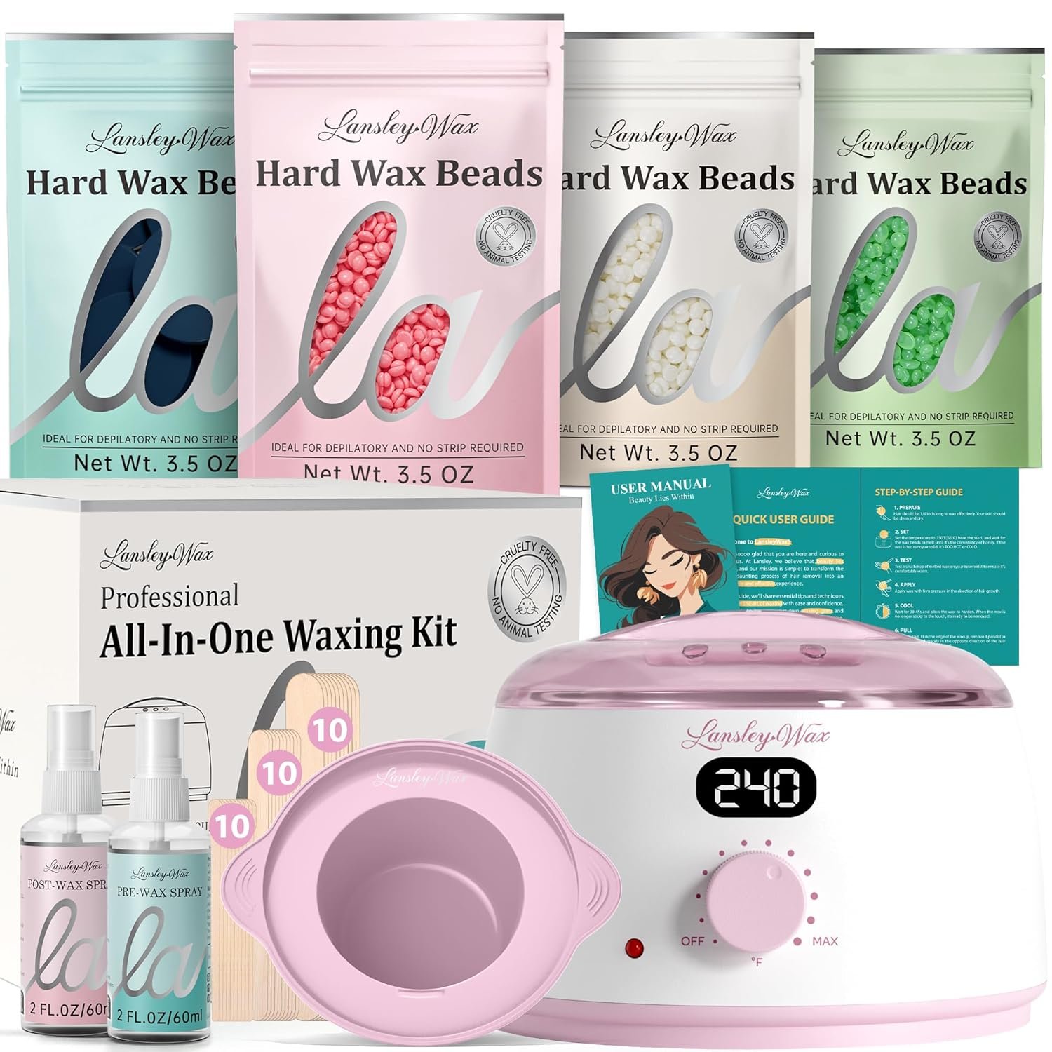LANSLEYWAX Digital Waxing Kit for Women Men – Pink Wax Machine with 39 Accessories – Hard Wax Kit for Face Eyebrow Lip Brazilian Bikini Sensitive Skin, Waxing Warmer Hair Removal for Home/Salon Use