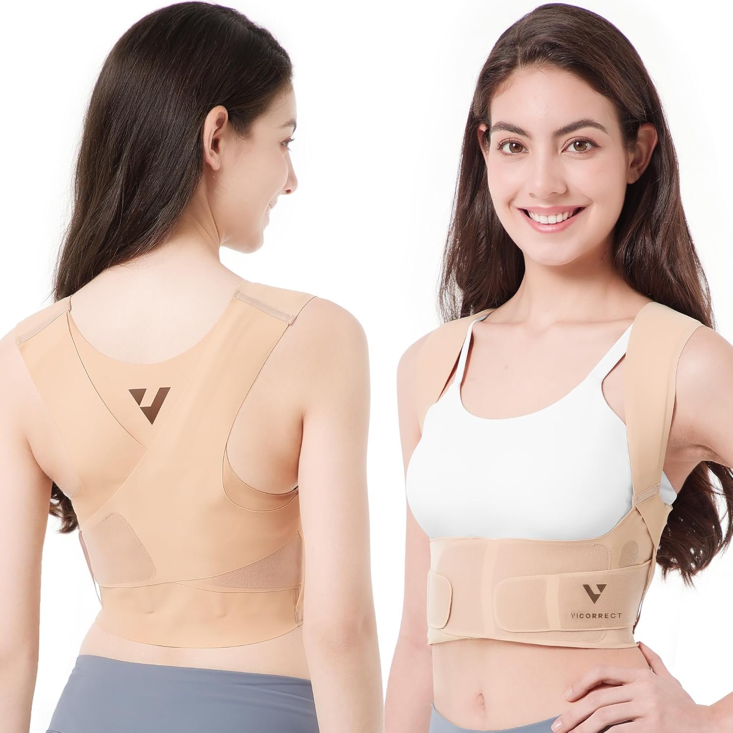 Vicorrect Adjustable Posture Corrector for Women: Comfortable Fit for Body Types – Invisible Under Clothes Wearable for Sitting and Exercise – Helps with Upper Back Shoulder Neck Pain (Beige, Medium)