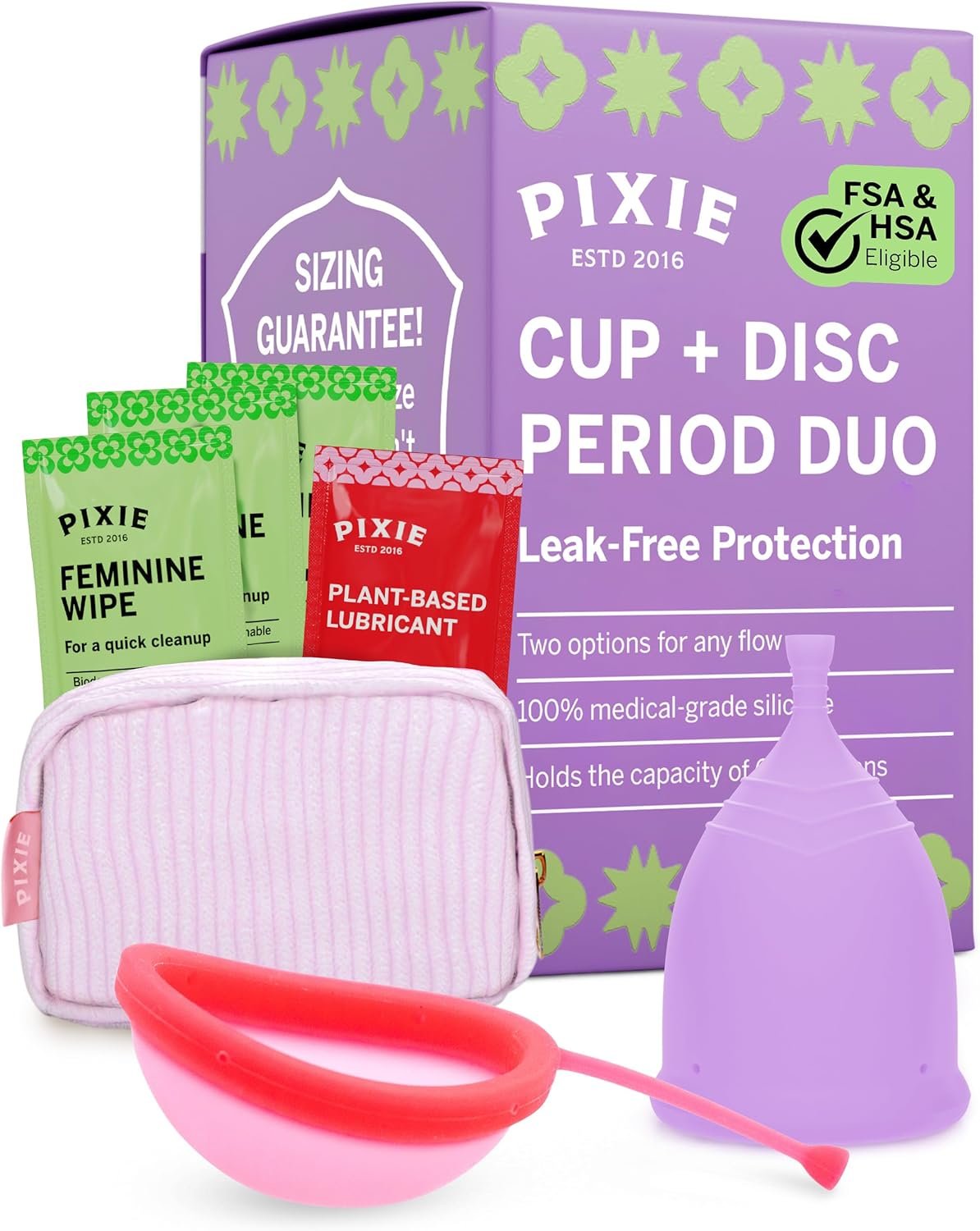 Pixie Menstrual Cup & Disc Duo for Feminine Care – Ranked 1 for Most Comfortable Reusable Period Cup & Disc – Buy One We Give One – Includes Ebook Guide, Flushable Wipes, Lube, Sanitizer & Storage Bag