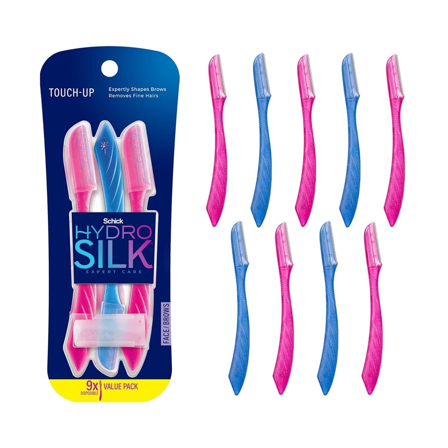 Schick Hydro Silk Touch-Up Dermaplaning Tool with Precision Eyebrow Cover, 9ct | Dermaplane Razor, Face Razors for Women, Peach Fuzz Remover | Beauty Stocking Stuffer