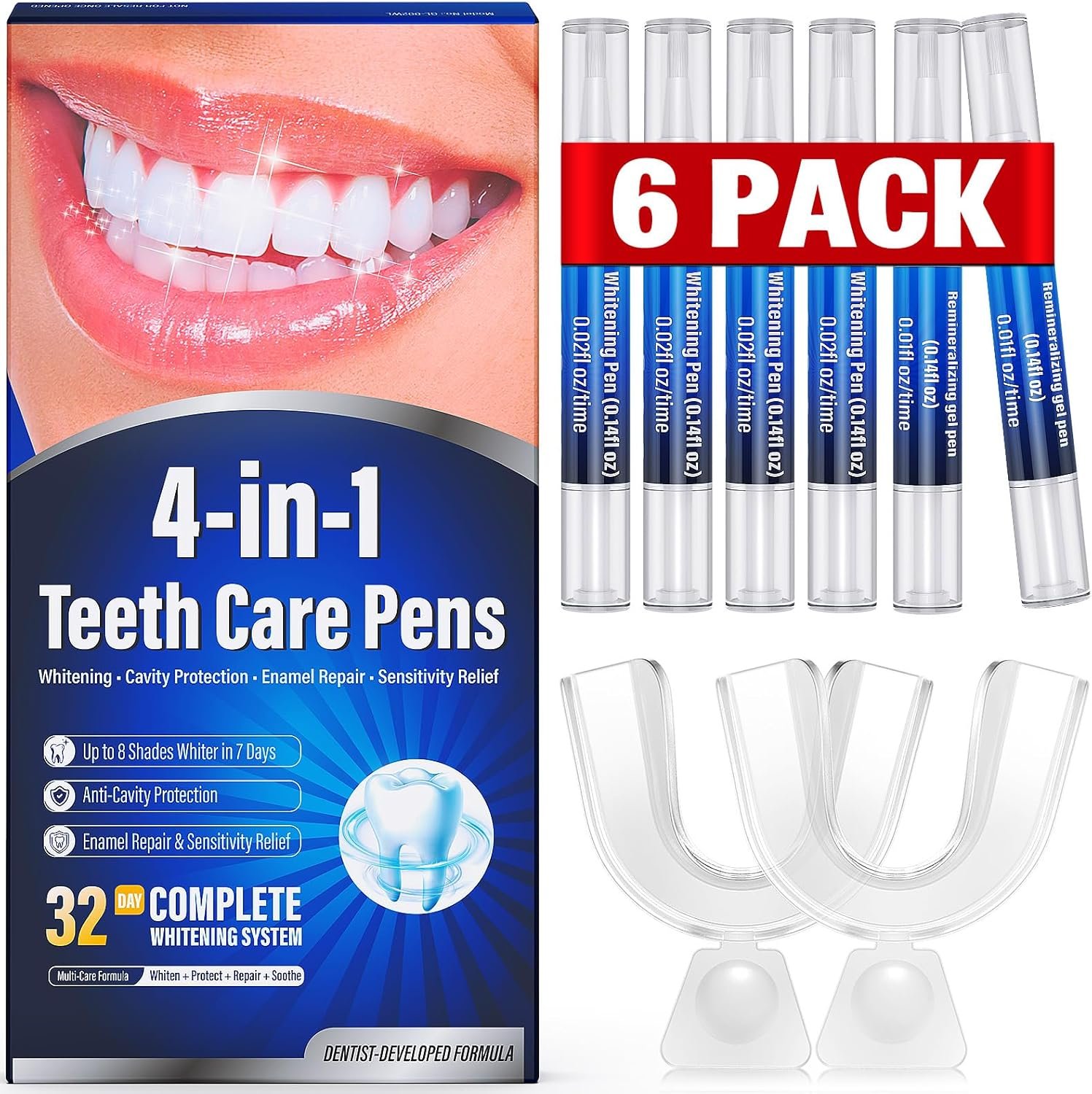 Teeth Whitening Pen Kit – 35% Carbamide Peroxide, Stain Removal, 4 Whitening Pens + 2 Remineralizing Pens, Enamel Repair, Anti-Cavity, Sensitive Teeth Care, 6 x 0.14 fl oz (Spearmint)