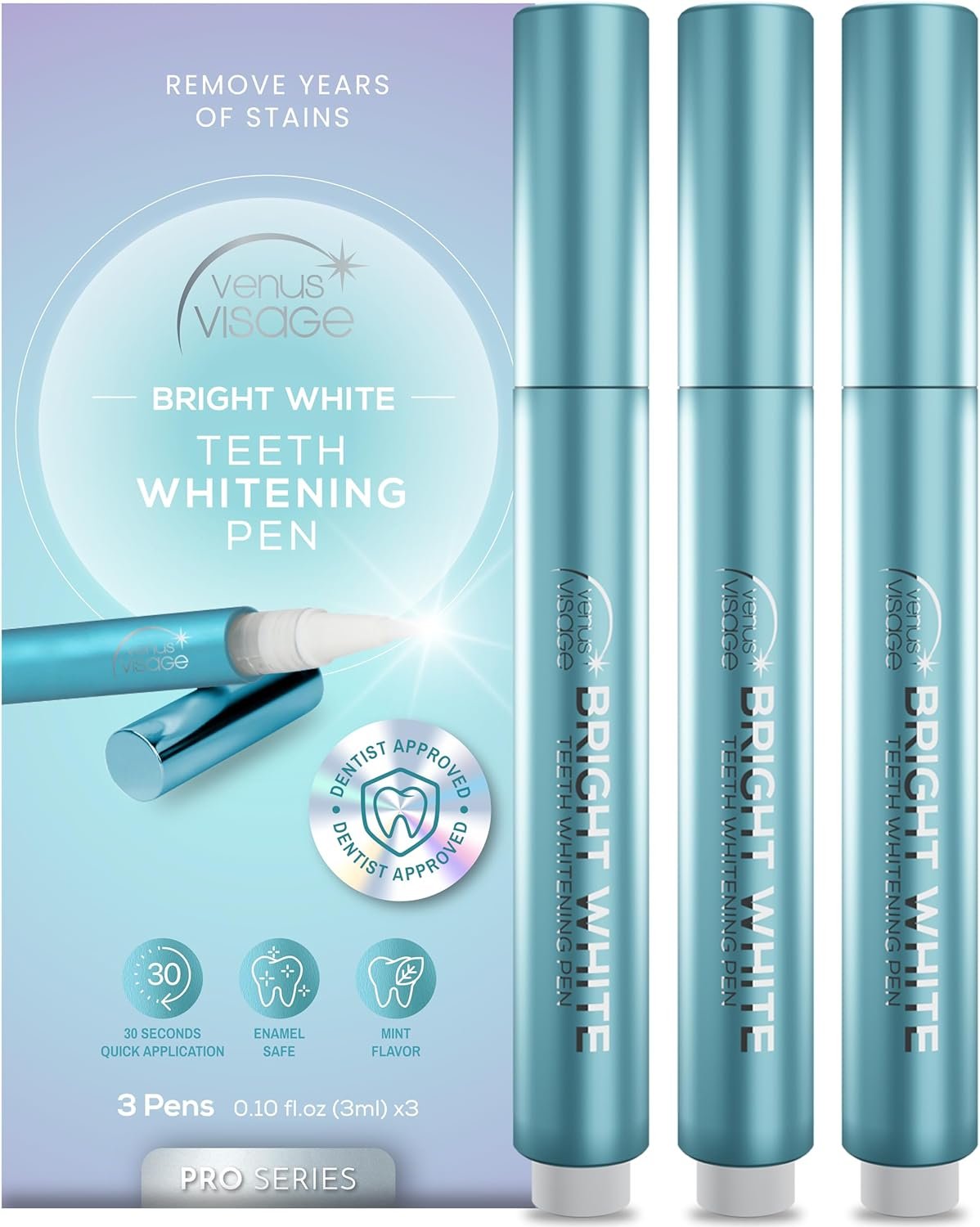 Venus Visage Teeth Whitening Pen – Effective Teeth Whitening Gel – 40+ Uses – Professional Formula – Mint Flavor – No Sensitivity (0.10 Fl Oz (Pack of 3))