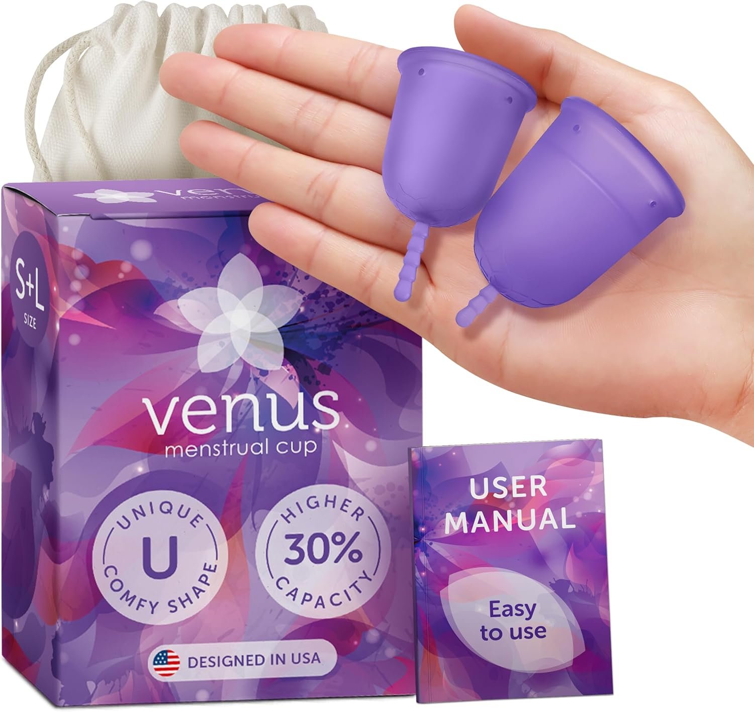 Venus Menstrual Cup (Period Cup for Women) – Perfect for Beginners & Pros – Best for Light & Heavy Flow – 12 Hours Leak-Free Protection – 100% Medical Grade Silicone Reusable Cup | Small+Large